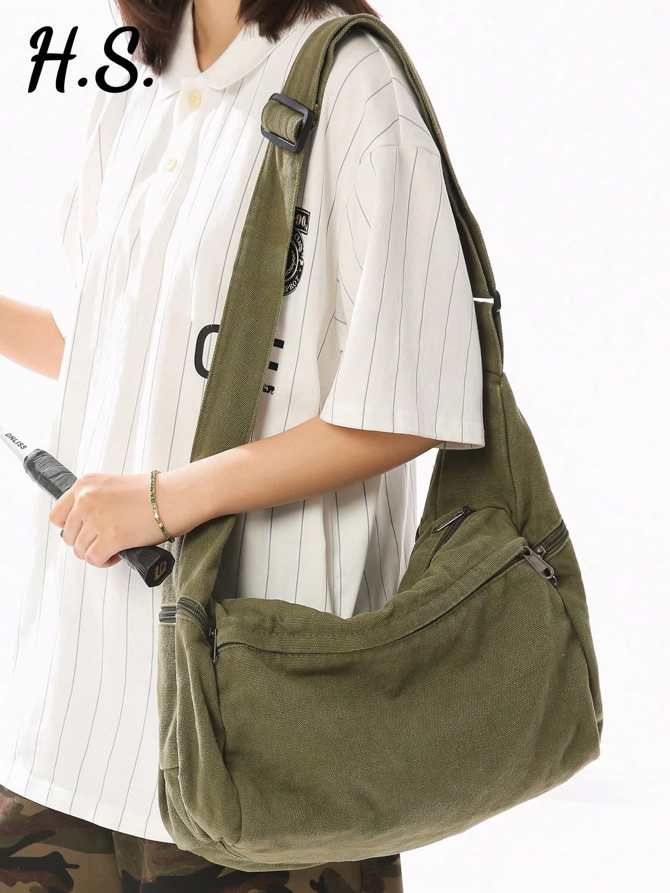 Japanese Style Solid Color Soft Washed Canvas Bag, Casual Versatile Large Capacity Multi-Pocket Crossbody Bag, Fashion Multi-Zipper Shoulder Bag Crescent Bag, College Student School Bag, Back To School Season Super Popular Bag, American Vintage Distressed Workwear Style Canvas Bag