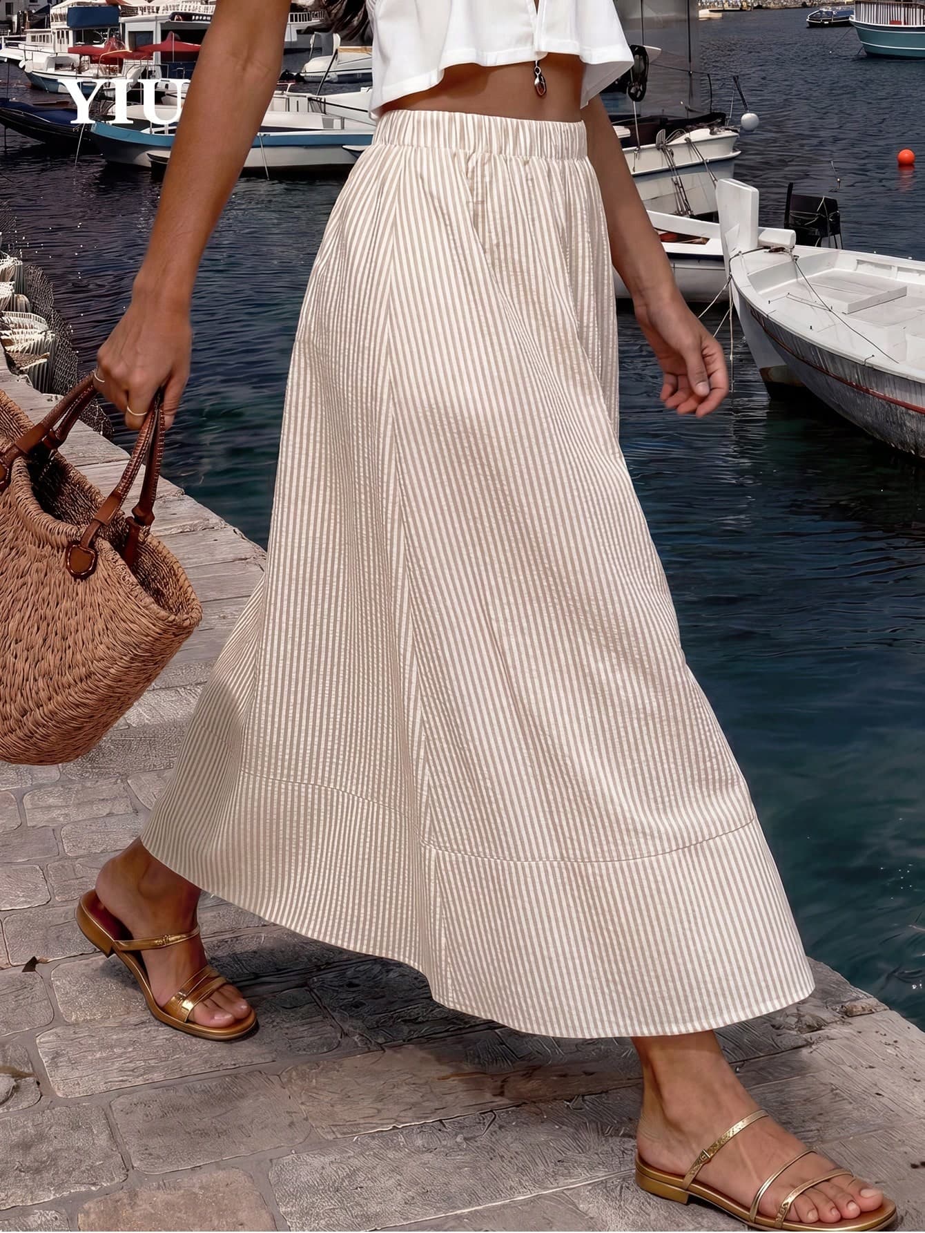 YIU Women's Casual Khaki Striped A-Line Long Skirt, Elegant Women's Skirt, Suitable For Daily Wear, Elegant Women's Long Skirt, Summer Clothing