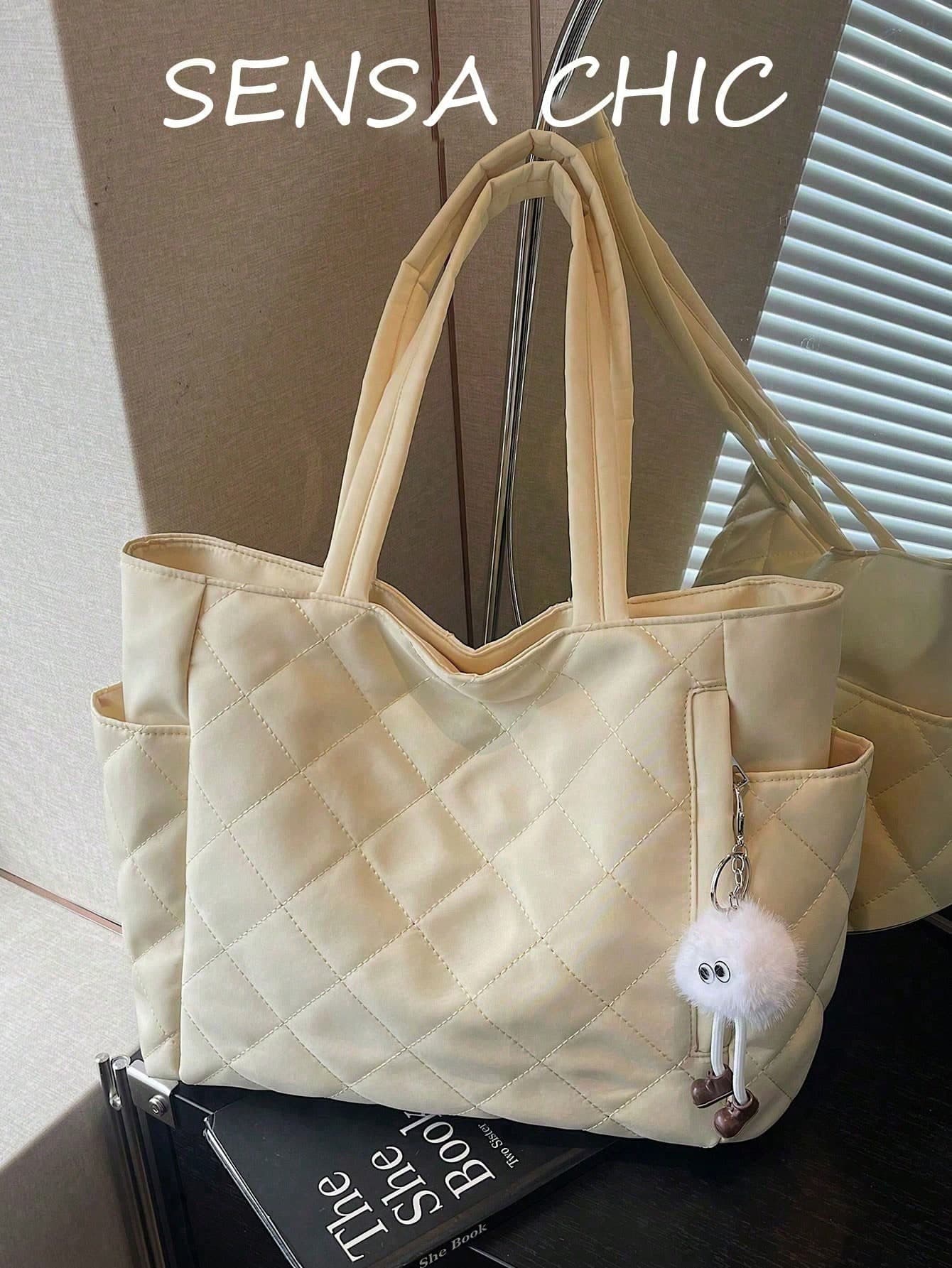 Minimalist Rhombus Stitch Tote Bag Multi Outer Side Pockets Inner Zipper Closure Lightweight Spacious Ladies Tote For Campus Travel Gym Errands