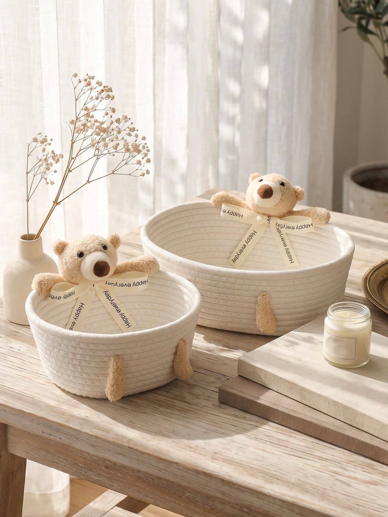 1pc/2pcs (S+M) Cute Cartoon Rabbit Cotton Rope Woven Storage Baskets, Multi-Size Desktop Organizer Bins For Cosmetics, Sundries, Kids Toys, Soft Washable Decor Tray For Bedroom Vanity, Bathroom Countertop, Entryway, Household Clutter Storage