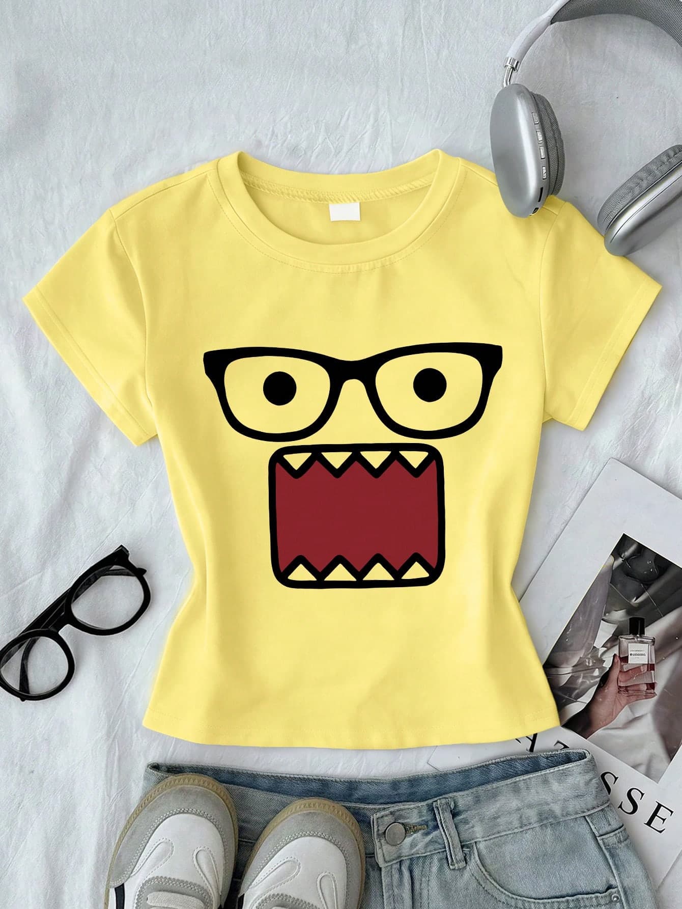Juniors' Graphic Print Cropped Top, Casual Summer Fitted Short Sleeve Crop Tee, Girls' Comfortable Fit Cropped T-Shirt