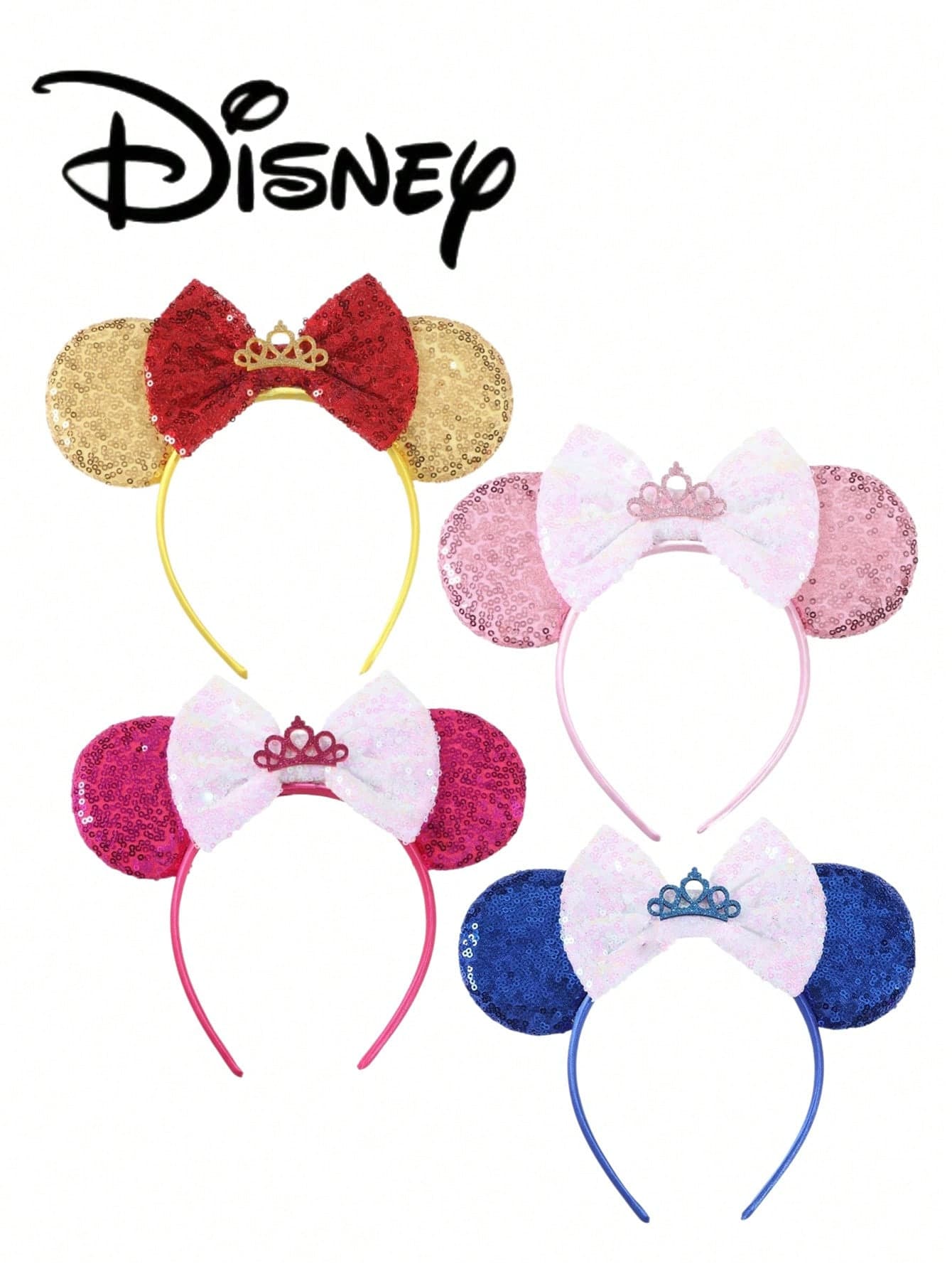 1pc Disney Mickey Gold+Blue Sequin Headband, Mickey Pink+Magenta Sequin Headband - Holiday Party Headband, Headpiece, Fun Photo Prop, Amusement Park Accessory, Suitable For Birthday Party And Valentine's Day Events, With Bow Cute Cartoon Hair Accessory, Princess Costume Accessory, Suitable For Disney Fans