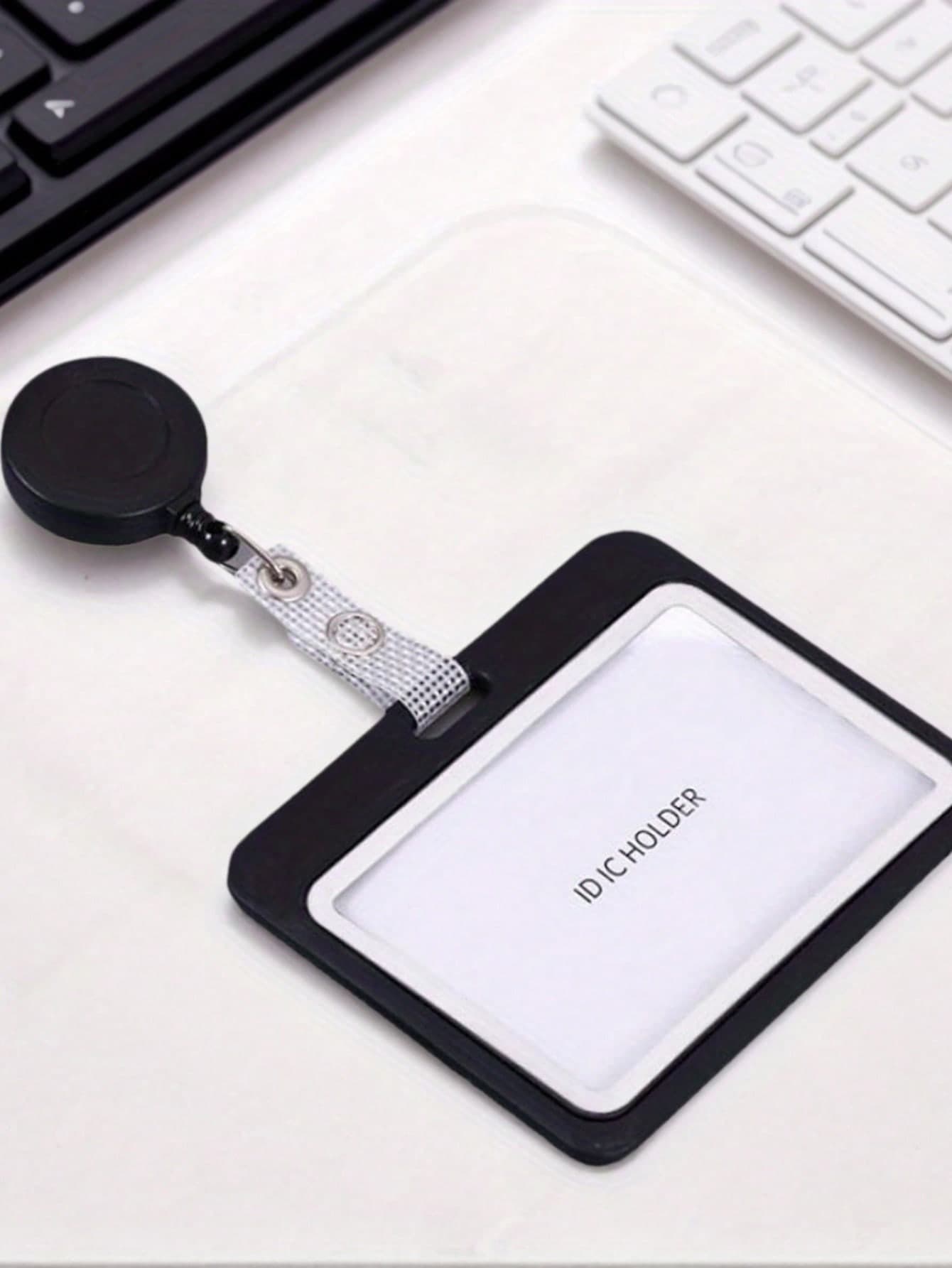 1 PC 2D Durable Black Horizontal ID Card Holder Set, Badge Clip With Retractable Pull Tab, Double-Sided, Carabiner Clip ID Holder, Suitable For School