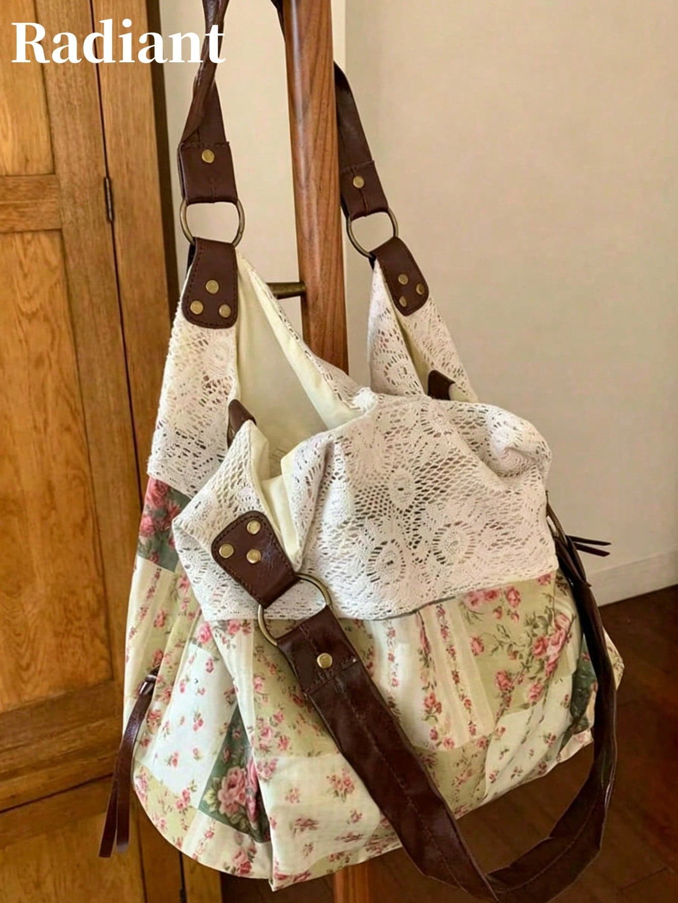 Women's Patchwork Floral Cotton Lace PU Studded Metal Ring Adjustable Shoulder Strap Large Capacity Vintage Pastoral Style Daily One Shoulder Tote Bag