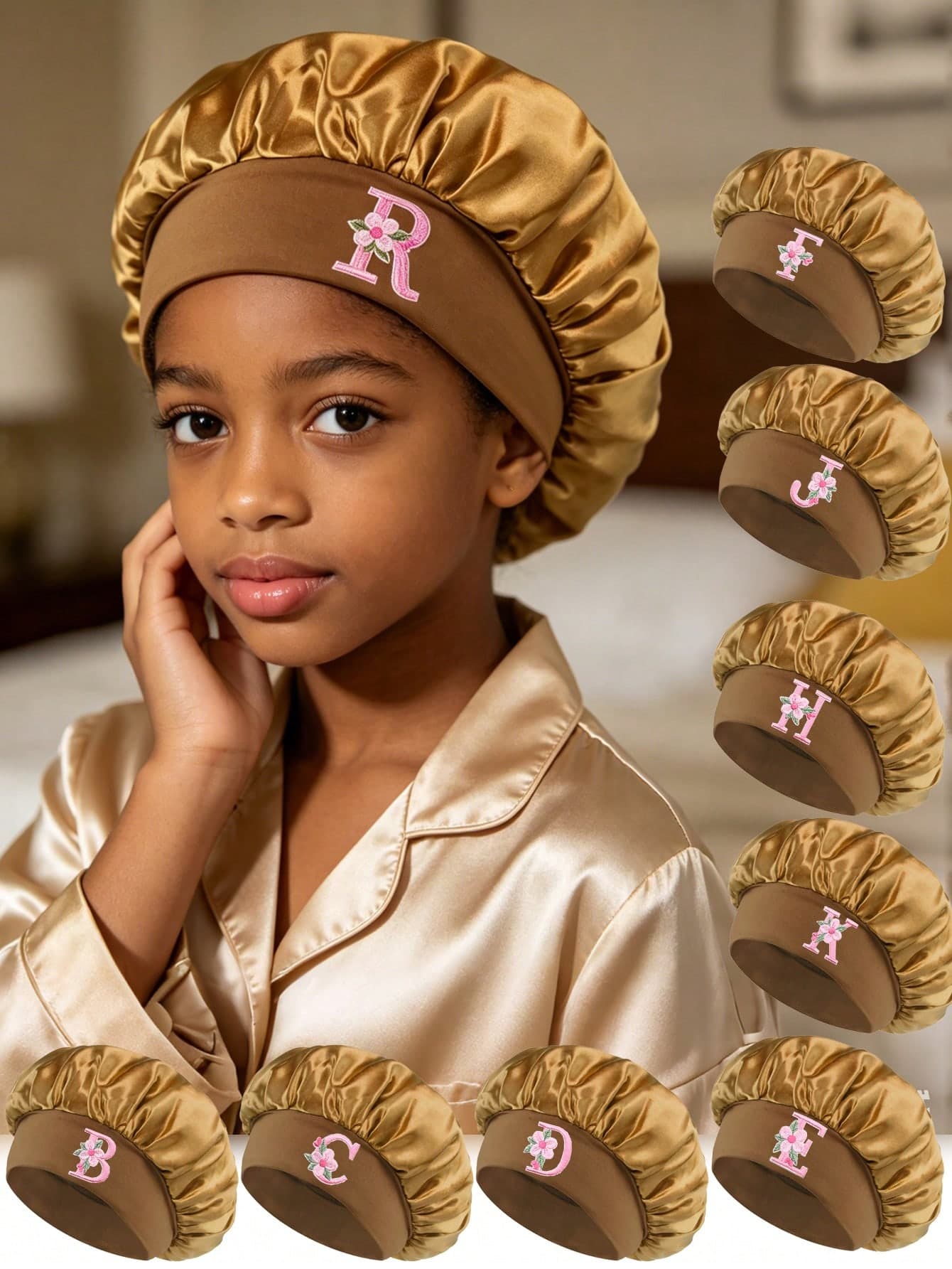 1PC Kids Satin Sleep Cap With A-Z Letter Soft Comfortable Hair Bonnet For Girls, Reusable Night Cap For Curly Hair Care, Hair Wrap