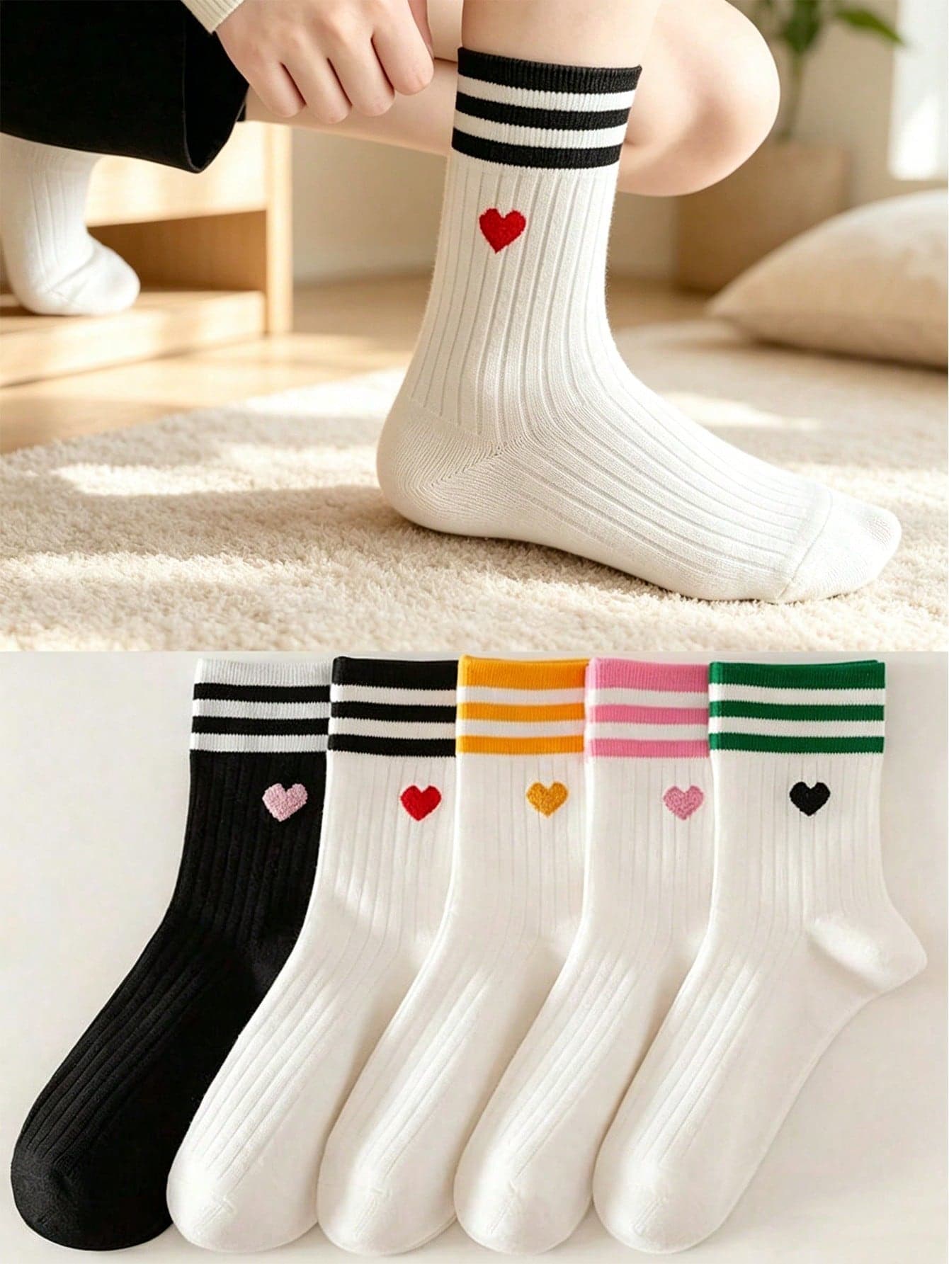 5 Pairs Women's Boneless Mid-Calf Socks, Versatile Striped College Style Korean Version Black White Multicolor Princess Heart Long Socks