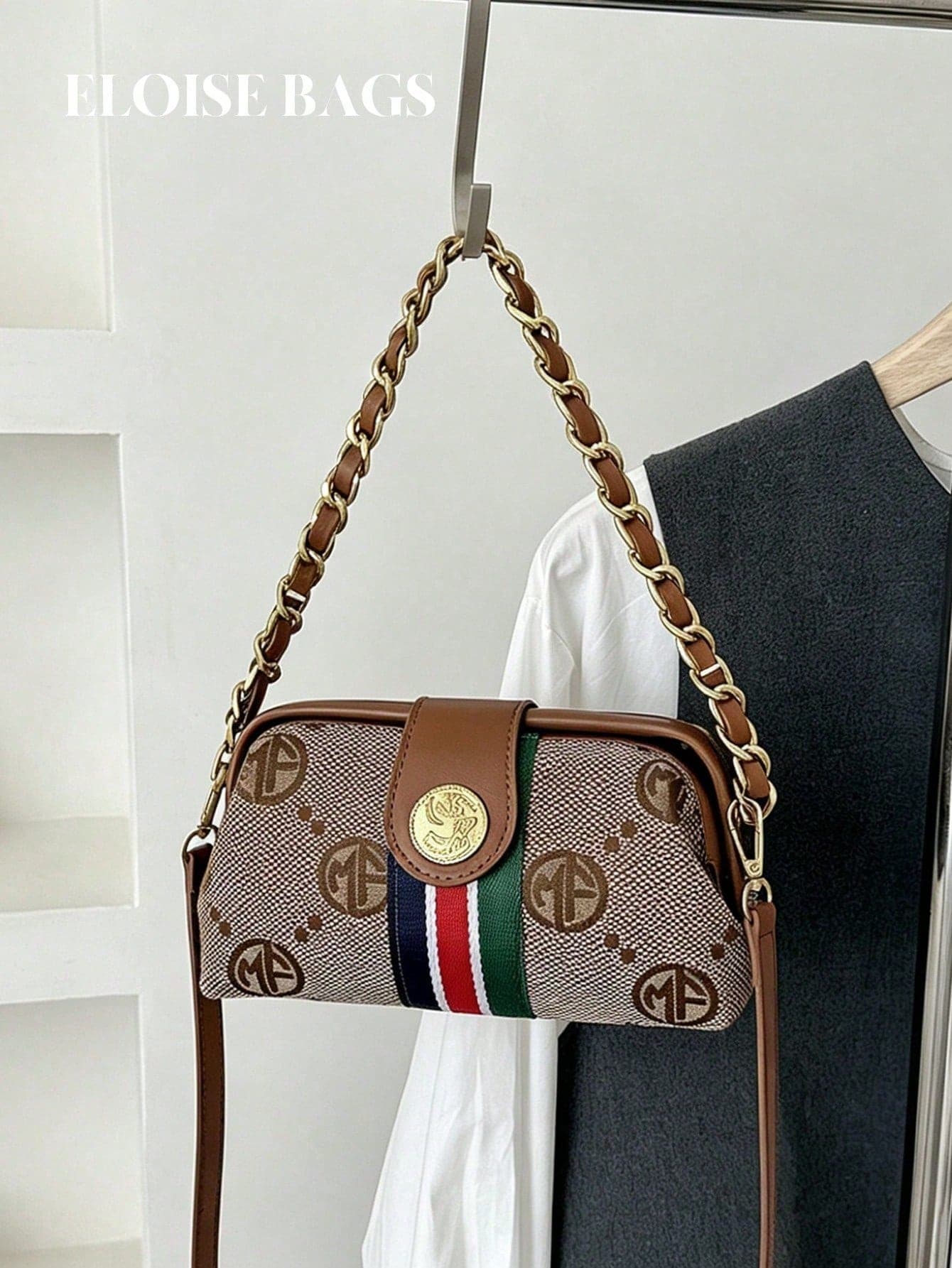 2026 Vintage Colorblock Woven Strap Print Buckle Bag, Luxury Metal Chain Shoulder Crossbody Small Bag, Exquisite Commuter Women's Handbag