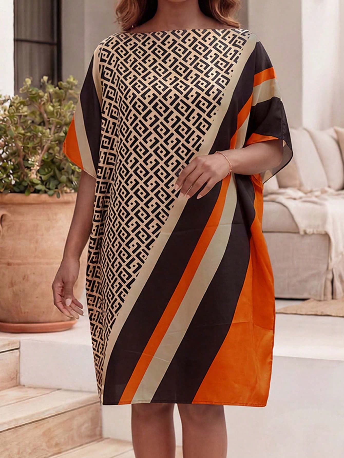 1PC Elegant Geometric Pattern Printed Faux Silk Lightweight Women's Pullover Shawl, Fashionable Versatile Sun Protection Beach Cover-Up, Loose Satin Pullover Shawl For Daily Decoration And Matching