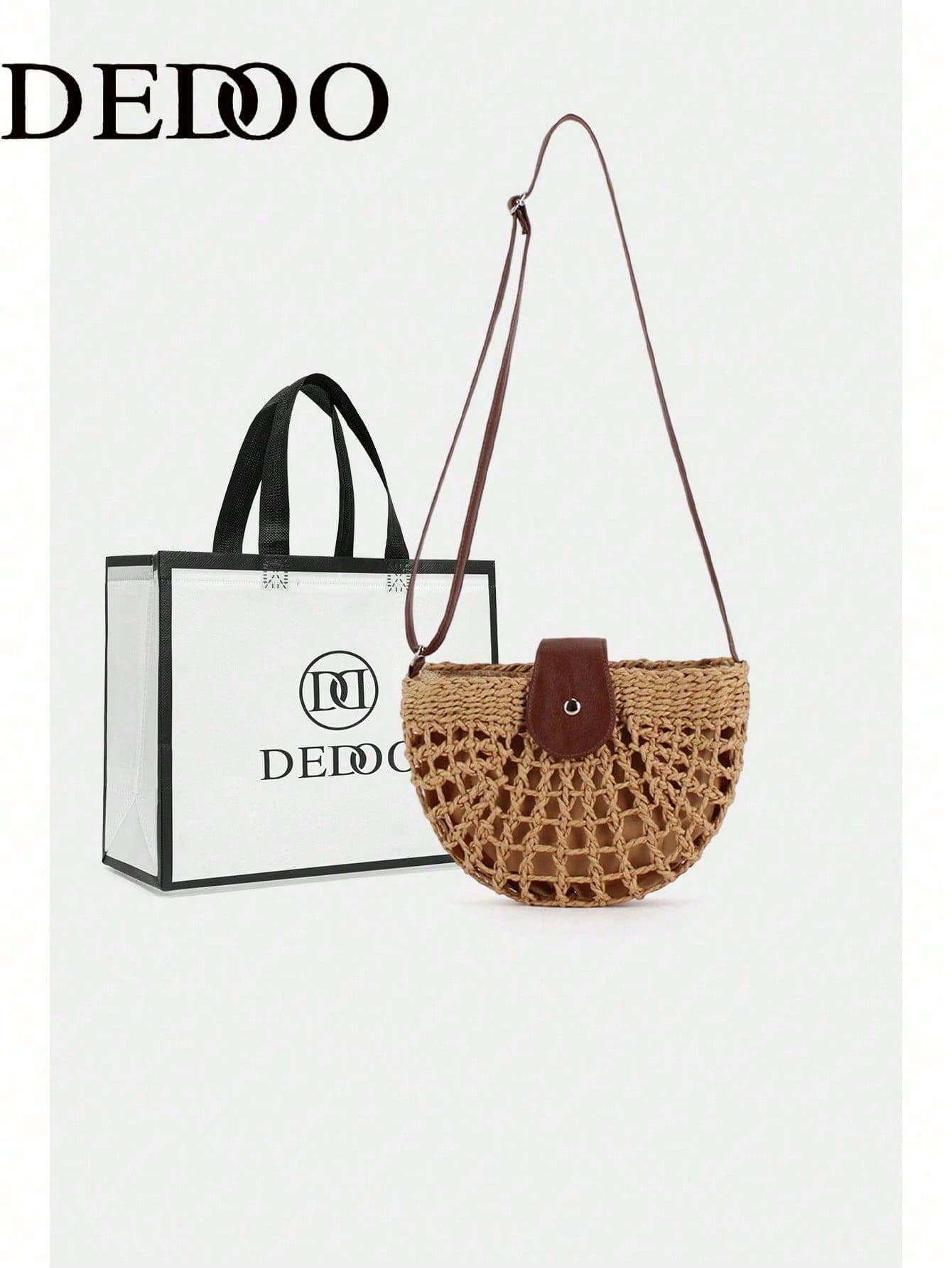 Dedoo Women's Brown Straw Half Moon Bag With Leather Flap And Adjustable Shoulder Strap, Bohemian Style Crossbody Bag, Suitable For Summer Beach Vacation (Gift Bag Included)
