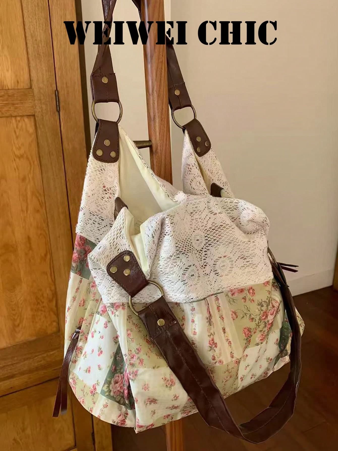 Floral Patchwork Lace Totebag, Brown PU Shoulder Strap With Rivet Embellishments, Bohemian Large Capacity Casual Handbag With A Pastoral Feel