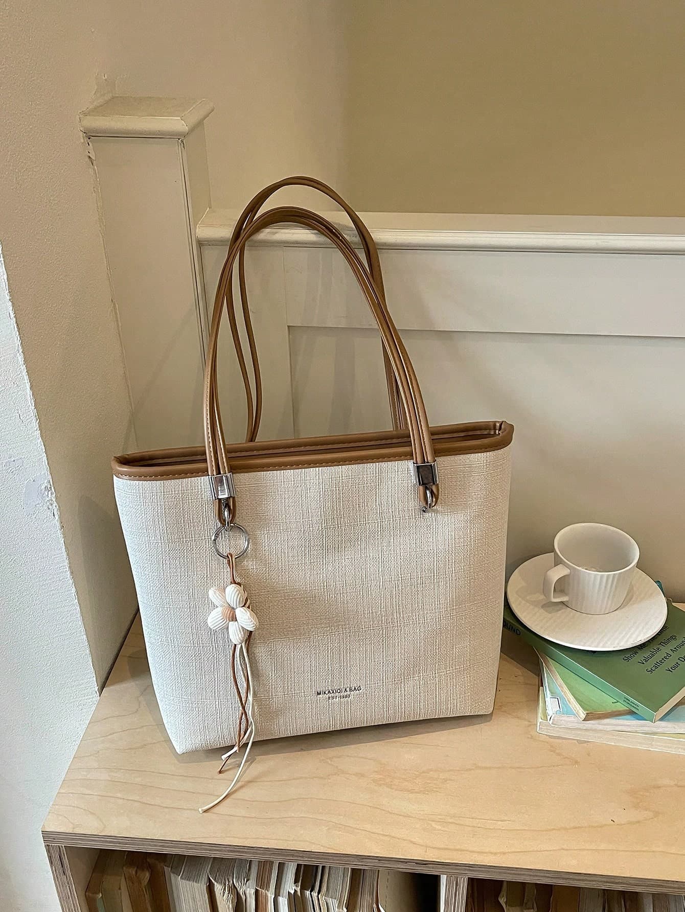 New PU Fabric Minimalist Large Capacity Tote Bag For Women, Versatile Shoulder Handbag With Premium Feel, Commuter & School Bag With Floral Charm