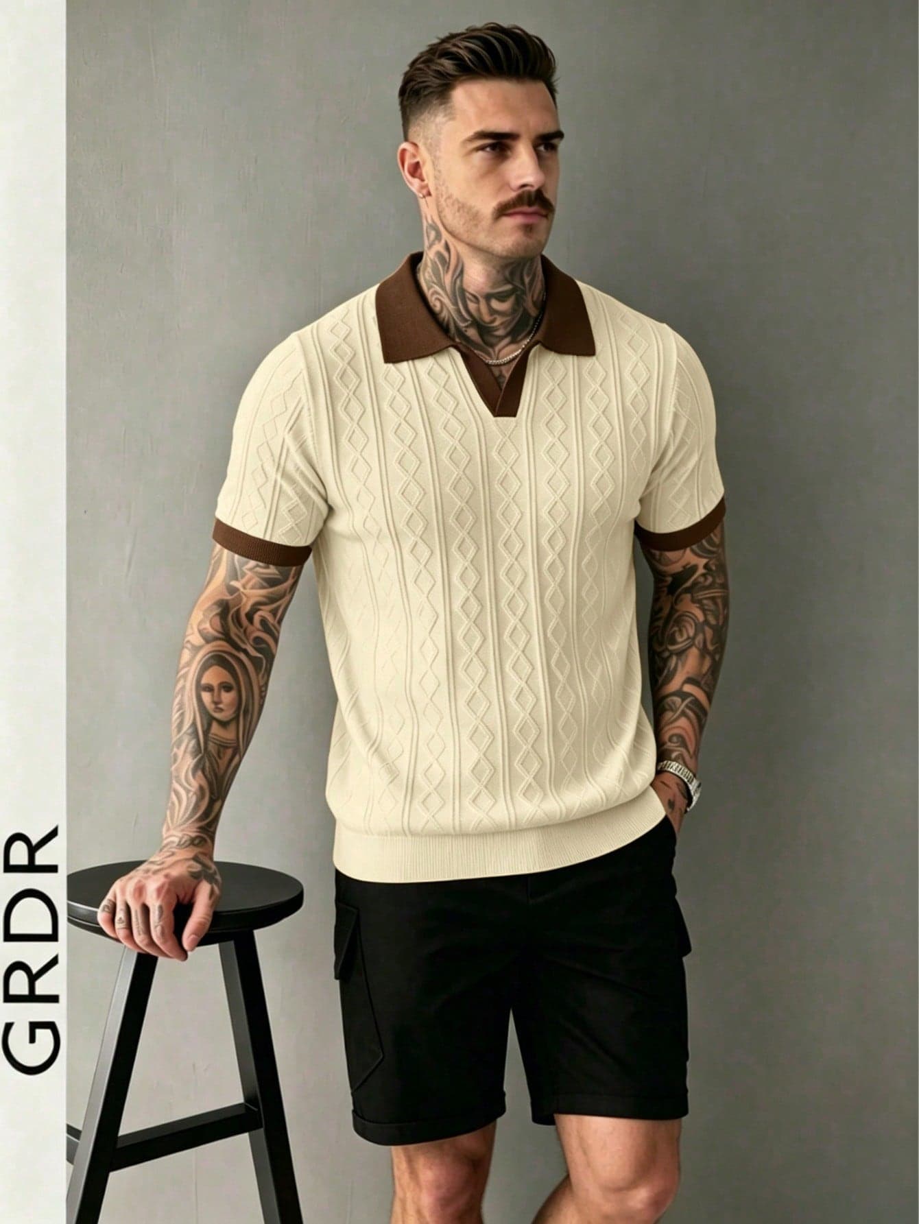 GRDR Men's Knit Short Sleeve Top With Turn-Down Collar And Contrast Trim Design - Fashion Casual T-Shirt