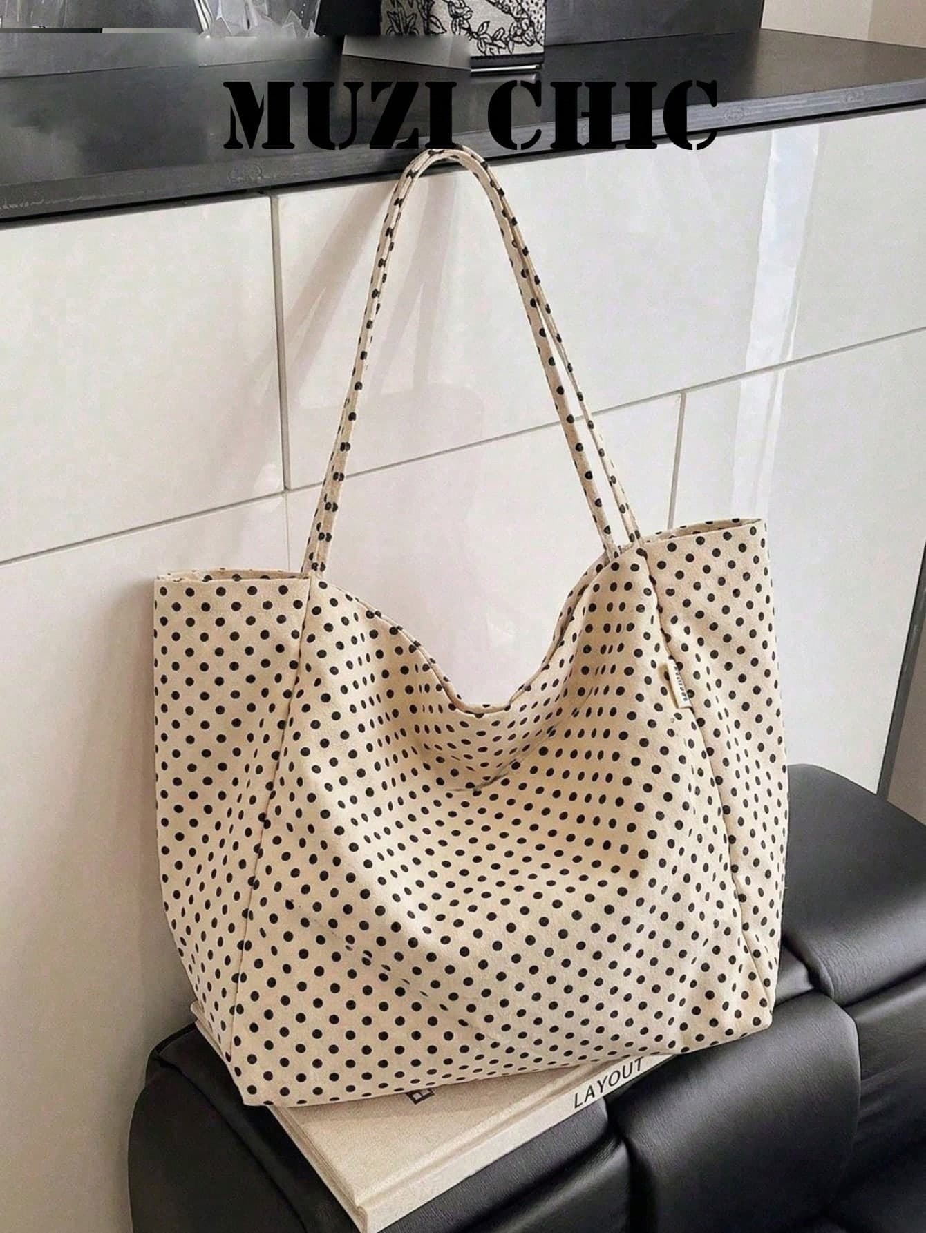 Beige Black Polka Dot Canvas Tote Bag For Women, Large Capacity Casual Shoulder Bag, Lightweight Soft Fabric Shopping Handbag For Daily Commute