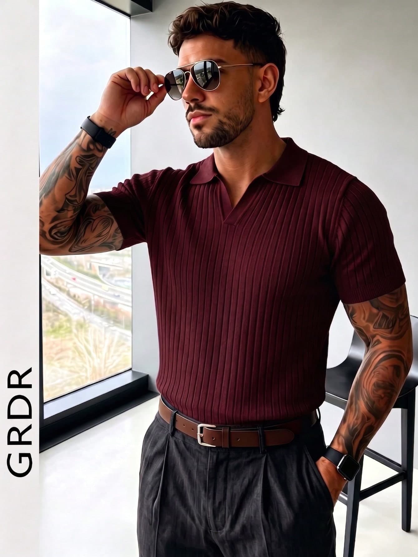GRDR Men's Summer Solid Color Polo Collar Short Sleeve Knit Sweater, Suitable For Summer Outings, Essential For Fashionable Styling