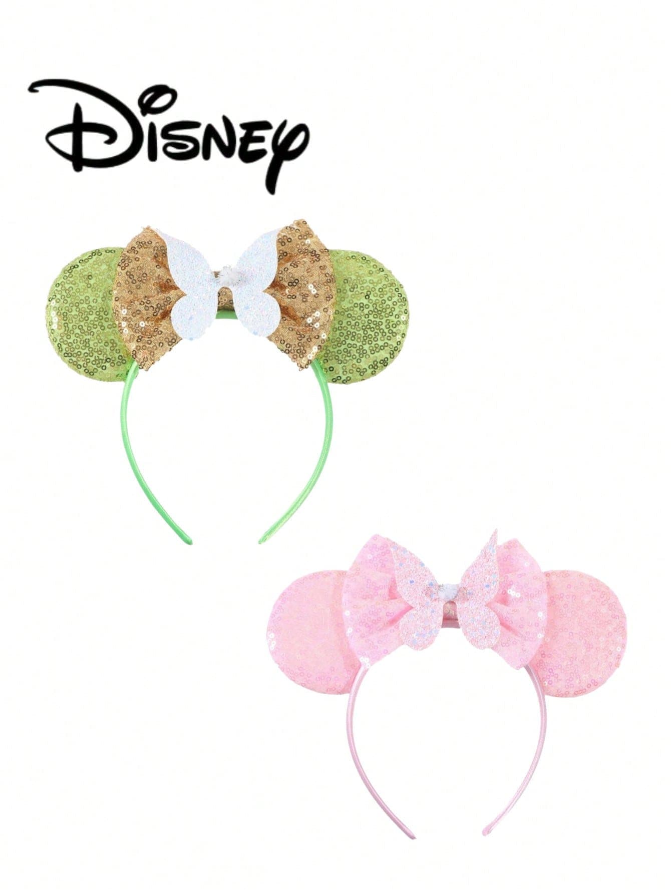 1pc Disney Mickey Gold Green + Butterfly Sequin Headband, Mickey Pink + Butterfly Sequin Headband - Holiday Party Headband, Hair Accessory, Fun Photo Prop, Amusement Park Accessory, Suitable For Birthday Party And Valentine's Day Events, With Cute Cartoon Bow Hair Accessory, Princess Outfit Accessory, Suitable For Disney Fans
