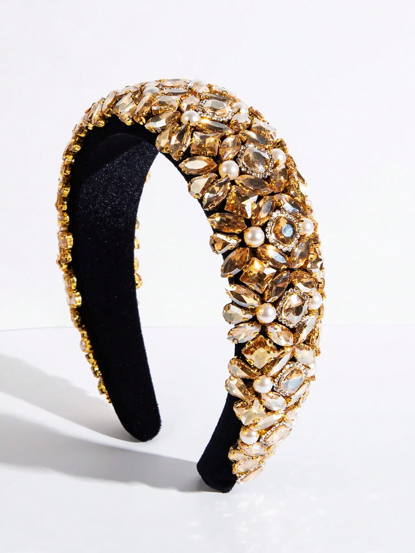 1pc European And American Heavy Work Luxurious Women's Hair Accessory Pure Black Velvet Sponge Height-Increasing Elegant Women's Headband Vintage Gemstone Pearl Decoration Wedding Accessory High Quality Green Headband Fashion Evening Party Hair Accessory Bridesmaid Gift