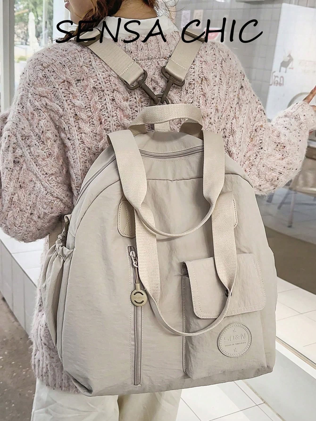 Beige Nylon Multi-Pocket Women's Backpack, Dual Top Handles Side Pockets Lightweight Travel Daily Bag, Casual Commute Student Shoulder Bag