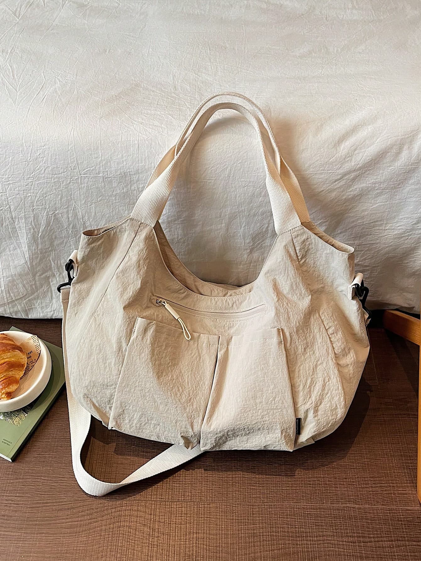 Ins Style Large Capacity Nylon Shoulder Bag For Women, Minimalist Casual Multi-Pocket Crossbody Tote Bag, Solid Color Lightweight Commuter Travel Dumpling Bag