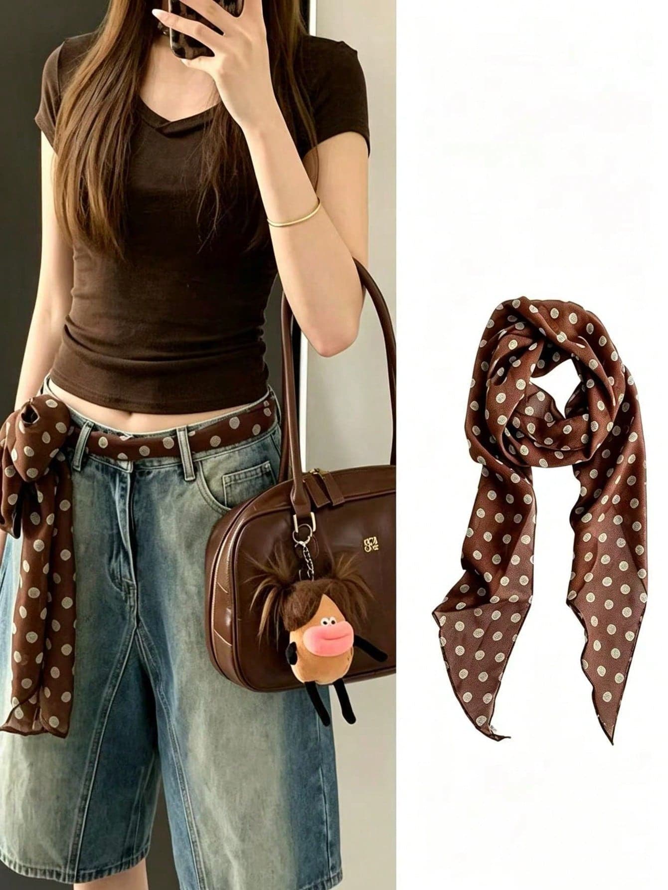 1pc Brown Polka Dot Print Silk Scarf, Multi-Functional Silk Necktie, Women's 2026 New Fashion Headband, Neck Accessory, Suitable For Daily Outfit Matching