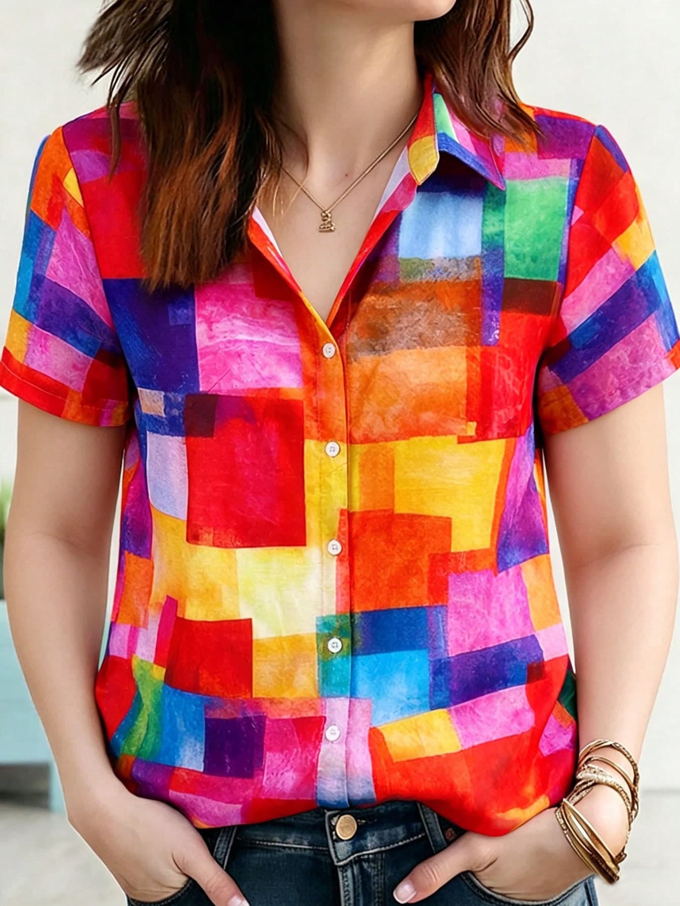 Abstract Art Rainbow Color Block Print Women's Plus Size Short Sleeve Button-Up Shirt Vacation Summer