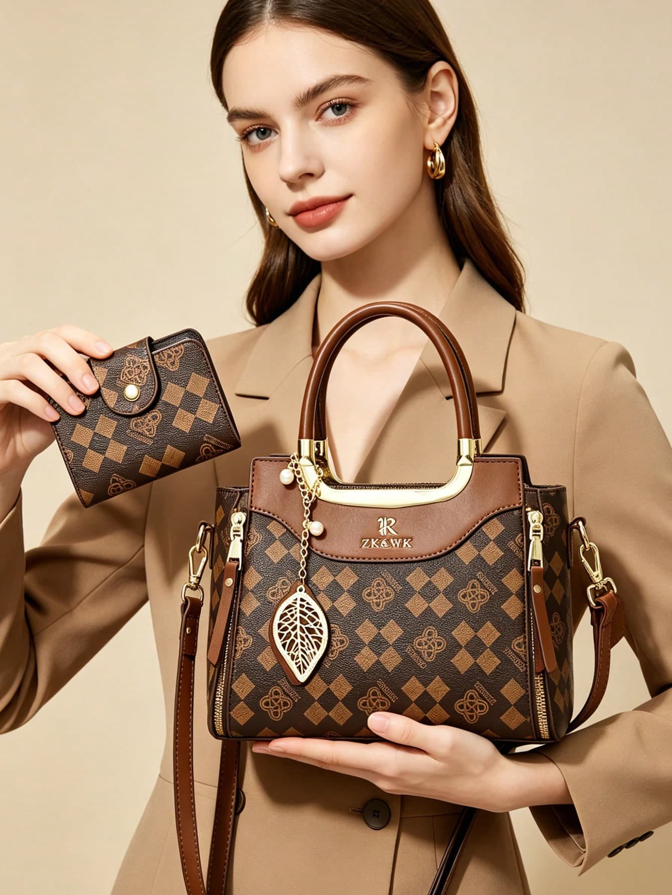 Women's Vintage Diamond Plaid Floral Monogram Tote Bag Set, Contrast PU Top Handle Crossbody Purse With Leaf Pearl Pendant & Matching Card Holder