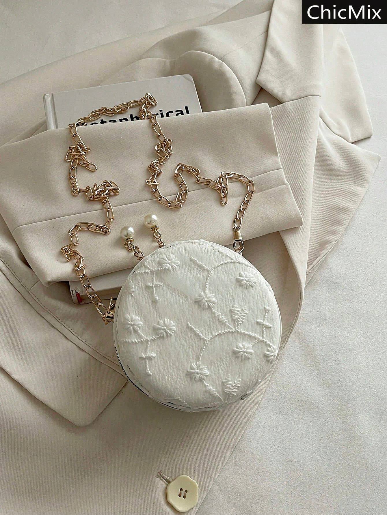 Exquisite Solid Color Pearl Double Zipper Round Gold Chain Mini Crossbody Bag For Women, Suitable For Shopping, Wallet, Young Women, College Students, Newcomers, White-Collar Workers. Perfect For Office, University, Work, Business, Commute, Outdoor Activities, Travel And Outings