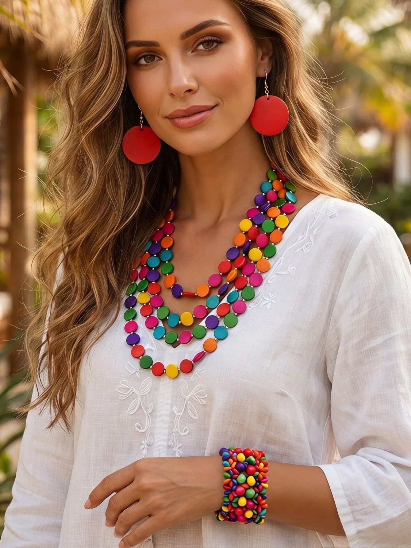 1 Set Multi-Color Geometric Disc Multi-Layer Wooden Bead Necklace Set, Bohemian Style Women's Jewelry