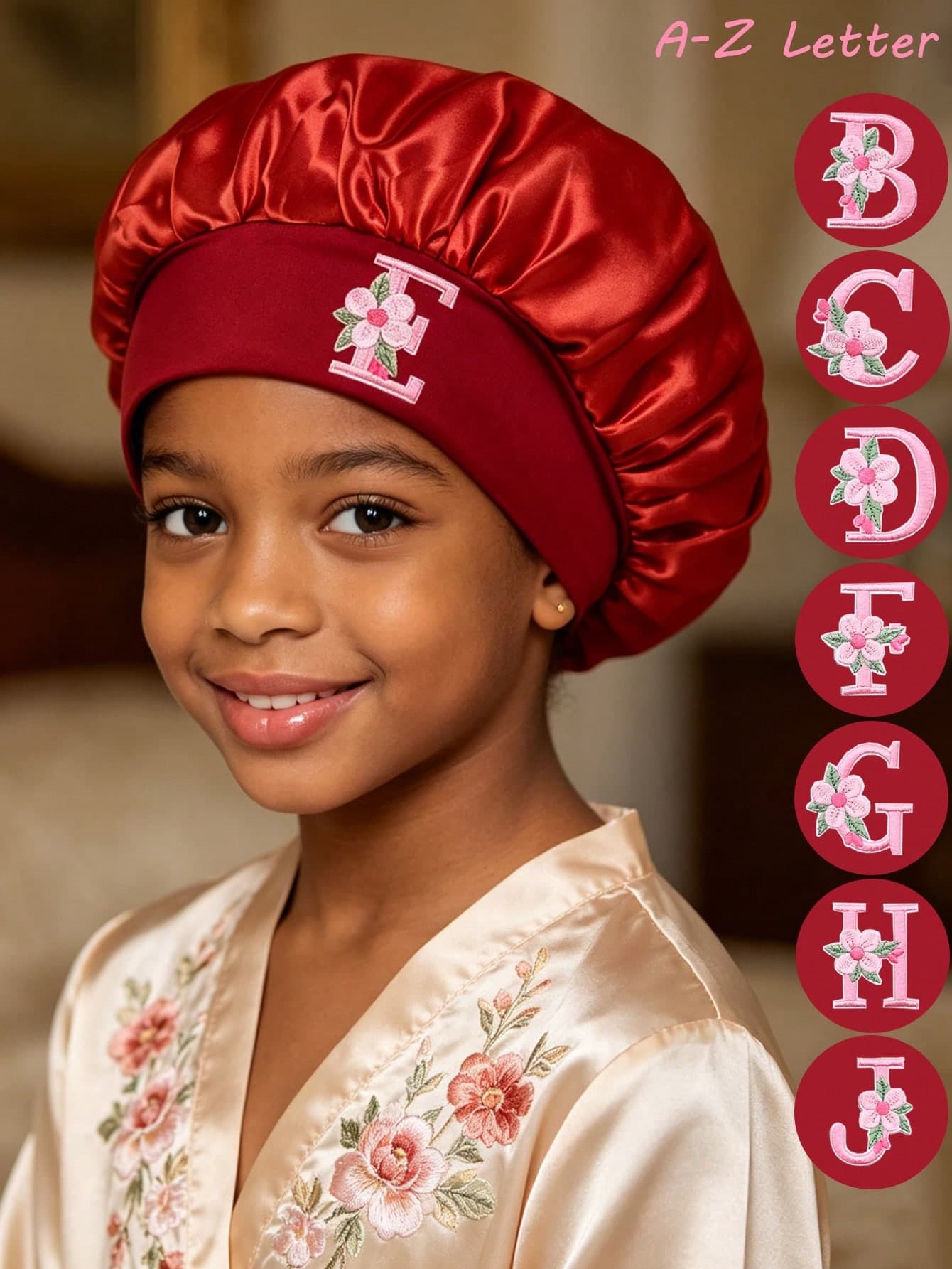 1PC Kids Satin Sleep Cap With Flower Letter Soft Comfortable Hair Bonnet For Girls, Night Cap For Curly Hair Care For Braiding, And Hair Protection