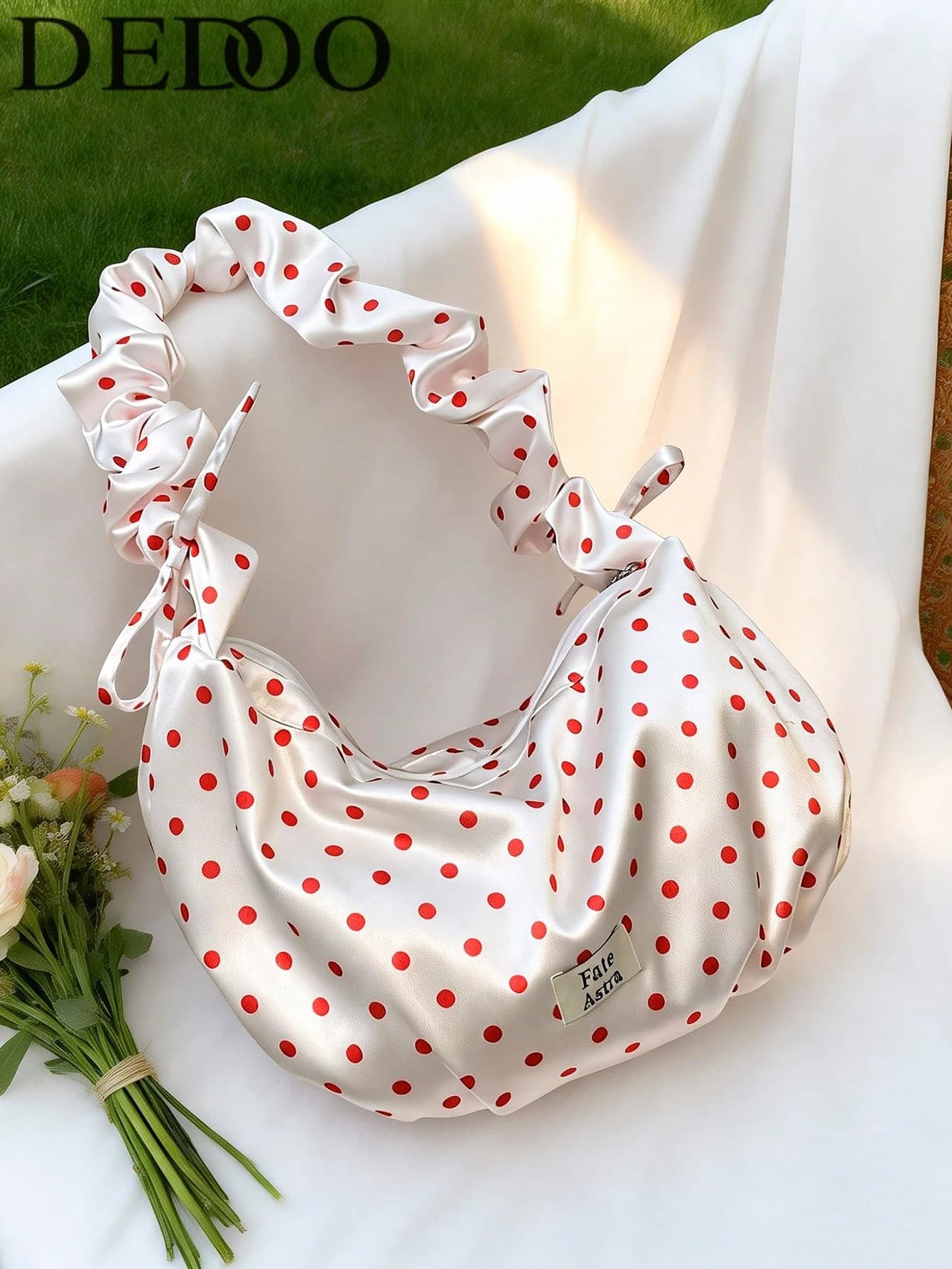 Dedoo Women's Red Polka Dot Satin Hobo Shoulder Bag, Ruched Pleated Strap Handbag, Soft Casual Crossbody Bag, Suitable For Summer Daily Outings, Young Women's Style