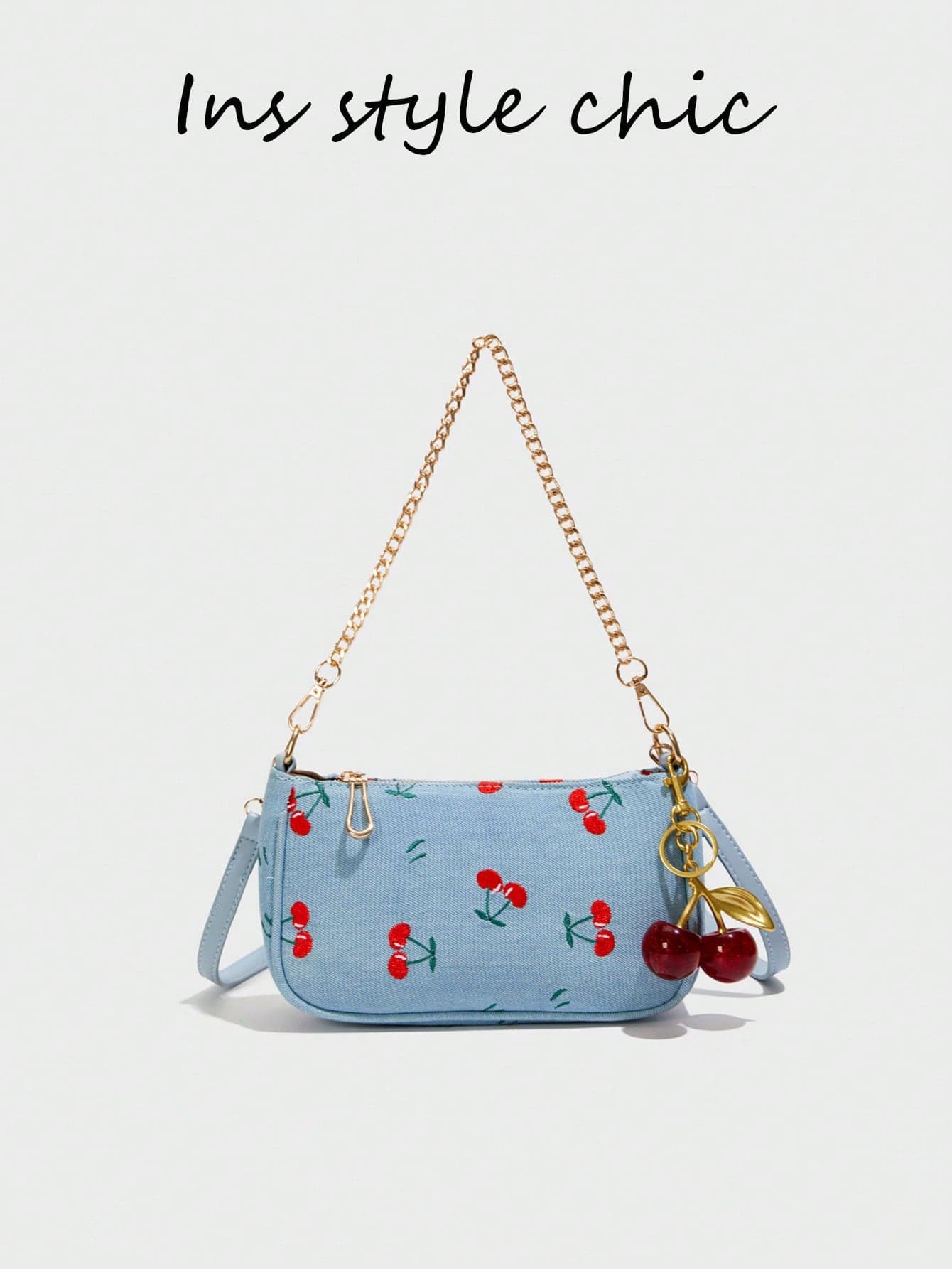 This New Fashion Classic PU Fabric Cherry Print Design Metal Chain Decor French Style Handbag Shoulder Bag Suitable For Shopping