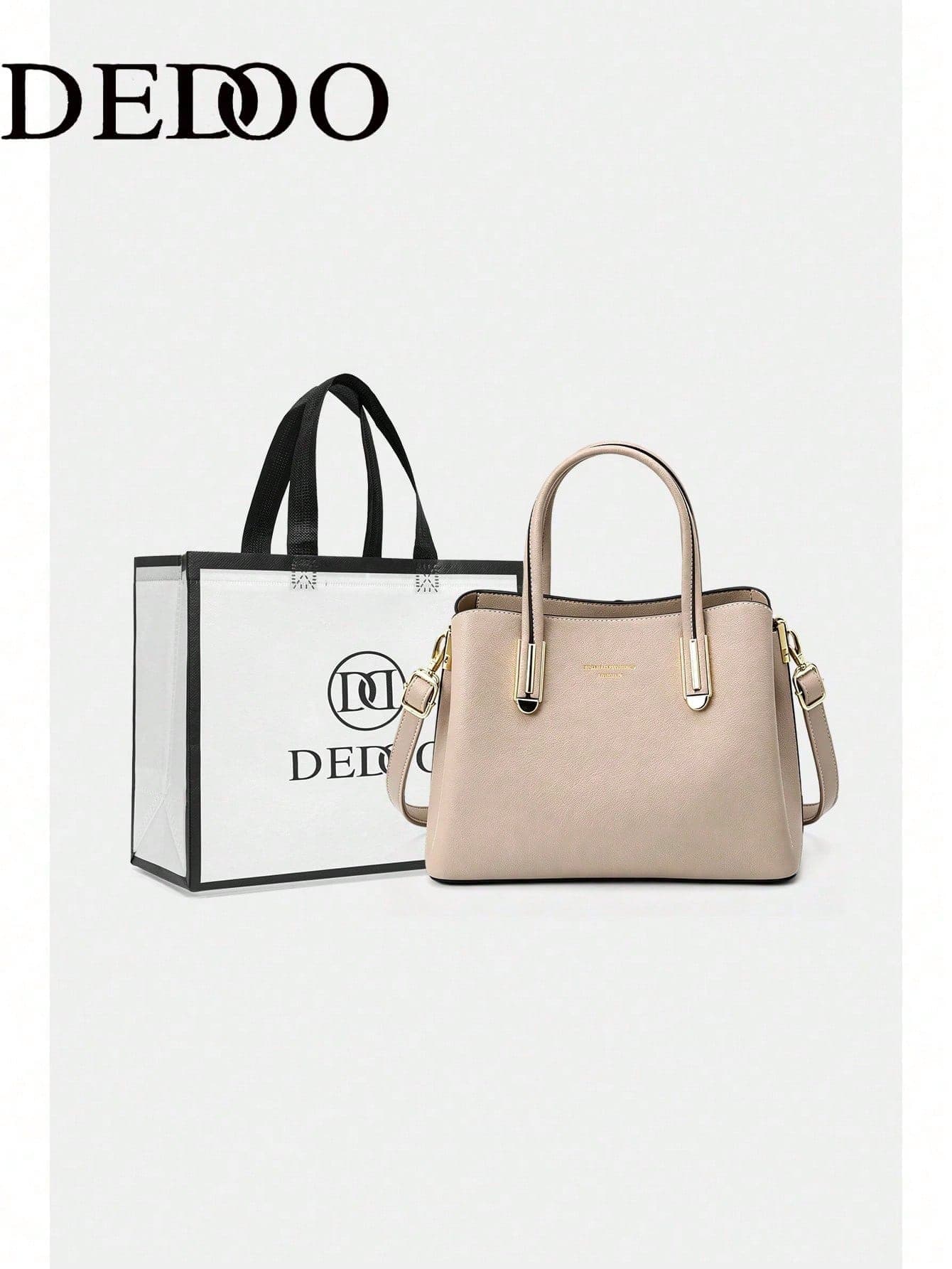 Dedoo Women's Beige Tote Bag With Gold Hardware And Detachable Shoulder Strap, Minimalist Style, Suitable For Daily Commute And Office, Neutral Design (Includes Gift Bag)