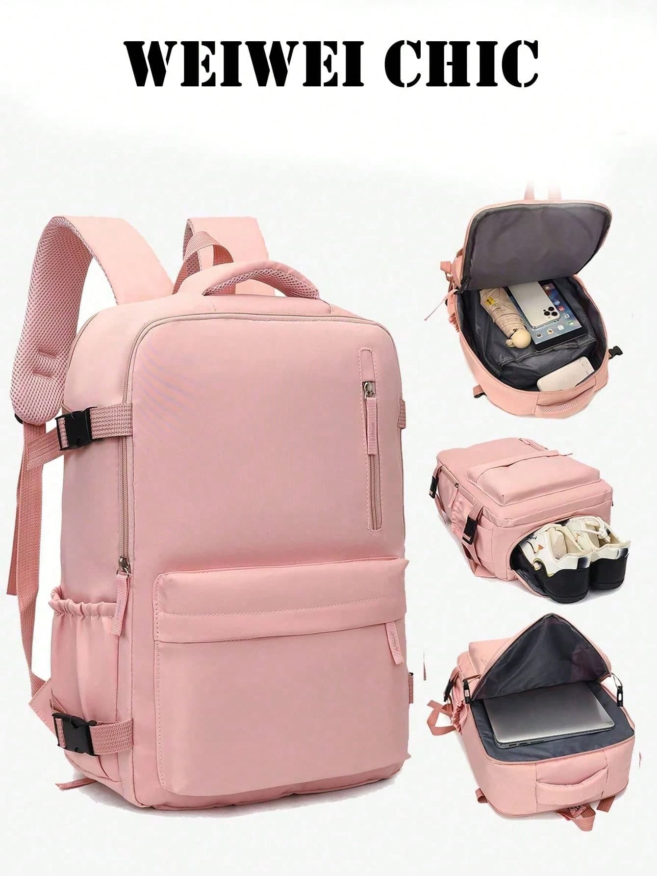 Lightweight Multi-Compartment Travel Rucksack, Breathable Shoulder Design Pink Backpack With Side Pocket, Ideal For Camping Shopping Weekend Vacations