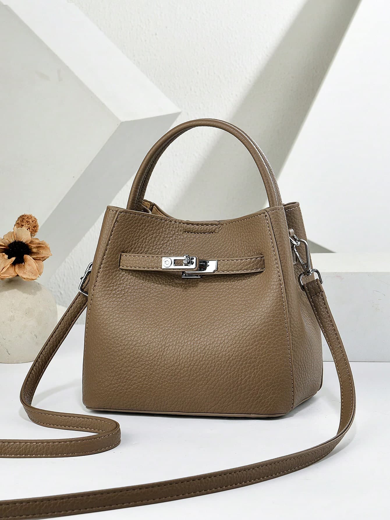 Classic Black Lychee Texture 3-In-1 Bag, Metal Buckle Decor Handbag, Durable And Versatile, Large Capacity, Multi-Way Carry Suitable For Various Occasions, Ideal For Daily Street Style And Commuting