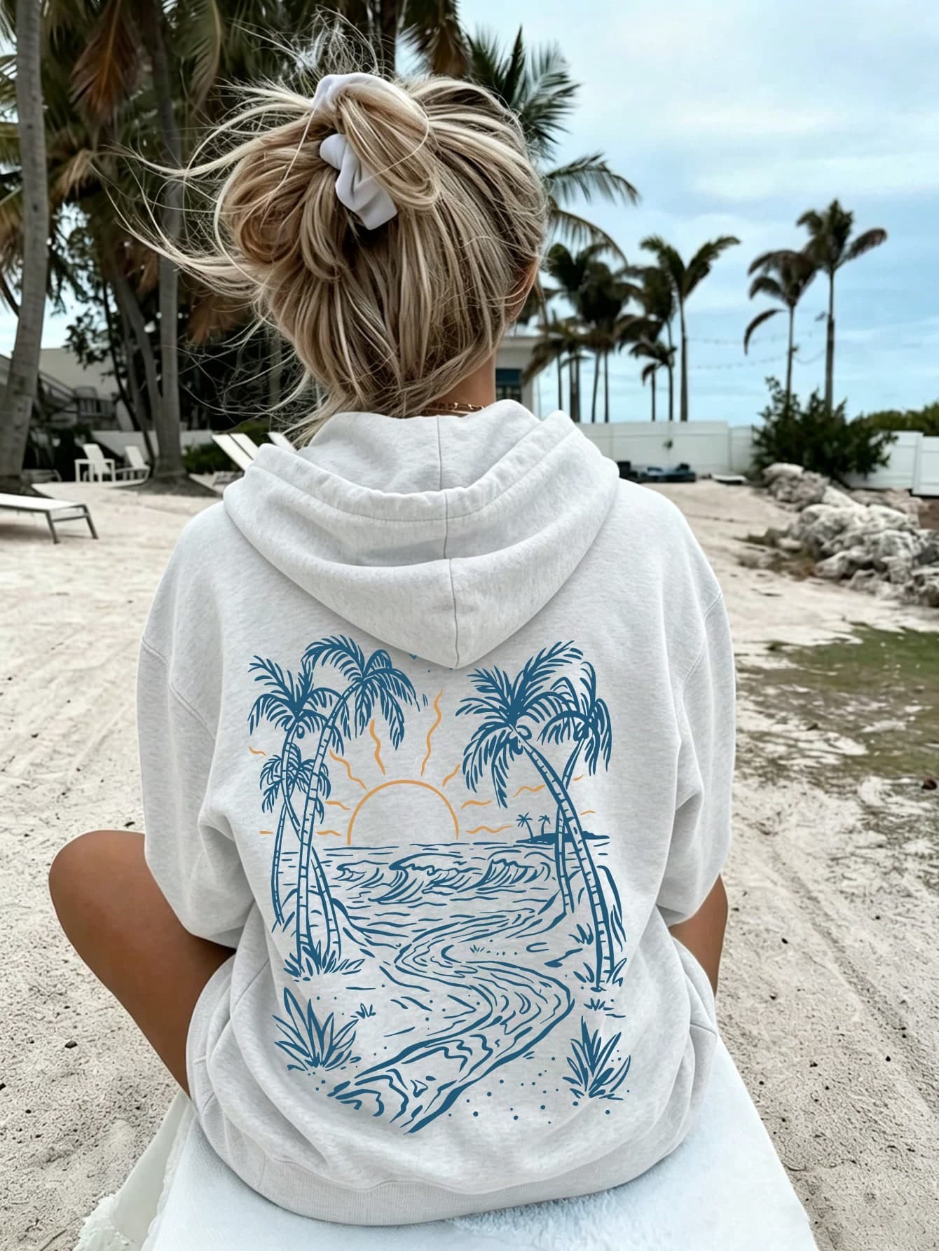 Plus Size Women's Casual Loose Palm Tree Print Long Sleeve Sweatshirt, Autumn Vacation