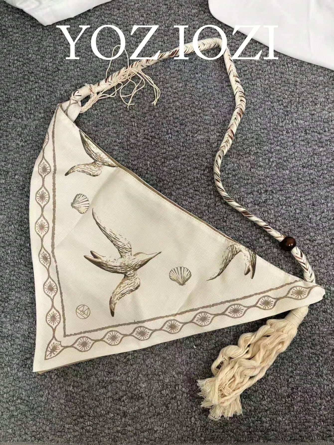 Japanese & Korean Style Niche Design Ins-Inspired Bird Print Linen Tote Bag 2026 New Commute Outdoor Daily Shopping Summer Woven Tassel Triangle Bag Shoulder Crossbody Bag