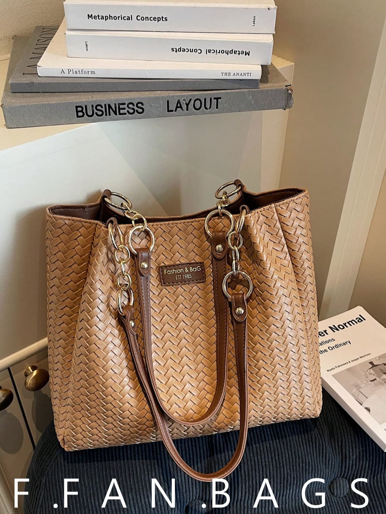 Women's New Tote Bag, Genuine Leather Large Capacity Shoulder Bag, Commuter Bag, Woven PU Material