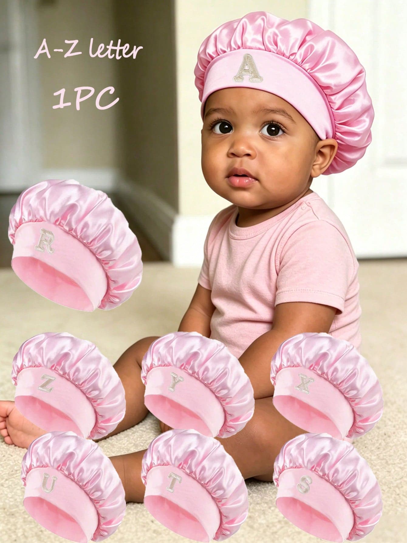 1PC Children's Smooth Satin Bonnet With Letter, Fashionable And Comfortable Sleep Cap, Breathable And Non-Slip, Daily Hair Care Hat