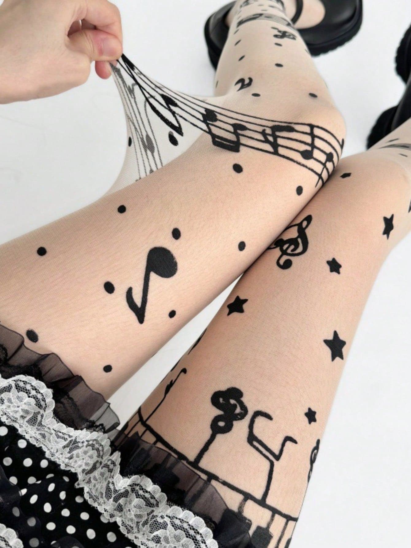 Musical Note Star Print Sheer Pantyhose, Ultra Thin Stretch See Through Tights, Cute Sweet Lolita Legwear For Women Daily Party Club Outfits
