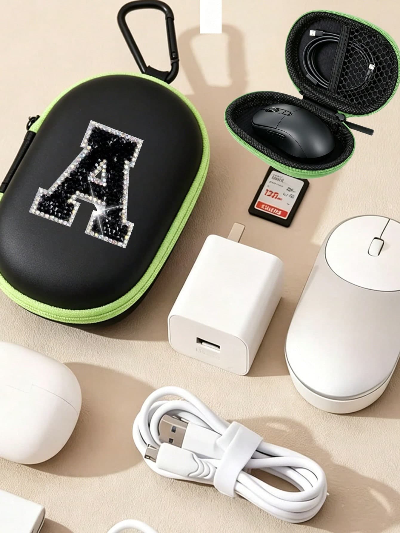 Rhinestone Letter Portable Mini Zipper Mouse Storage Bag, Black Multi-Function Organizer, Earphone And Charger Storage Box With Keychain, Transparent Travel Accessory, Exquisite And Compact, Suitable For Storing Small Items, Data Cable Storage Bag, Bracelet Bag, Makeup Bag, Friend Gift, Birthday Gift, Colleague Gift, Back To School Gift