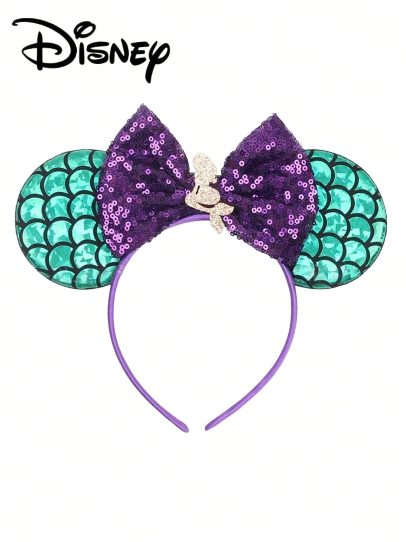 1pc Disney Cartoon Sequin Purple+Green+Mermaid Amusement Park Theme Series Mickey Minnie Ears Sequin Bow Headband, Stage Performance Costume Hair Accessory, Holiday Party Birthday Party Theme Mickey Hair Accessory, Headband, Suitable For Holiday Party