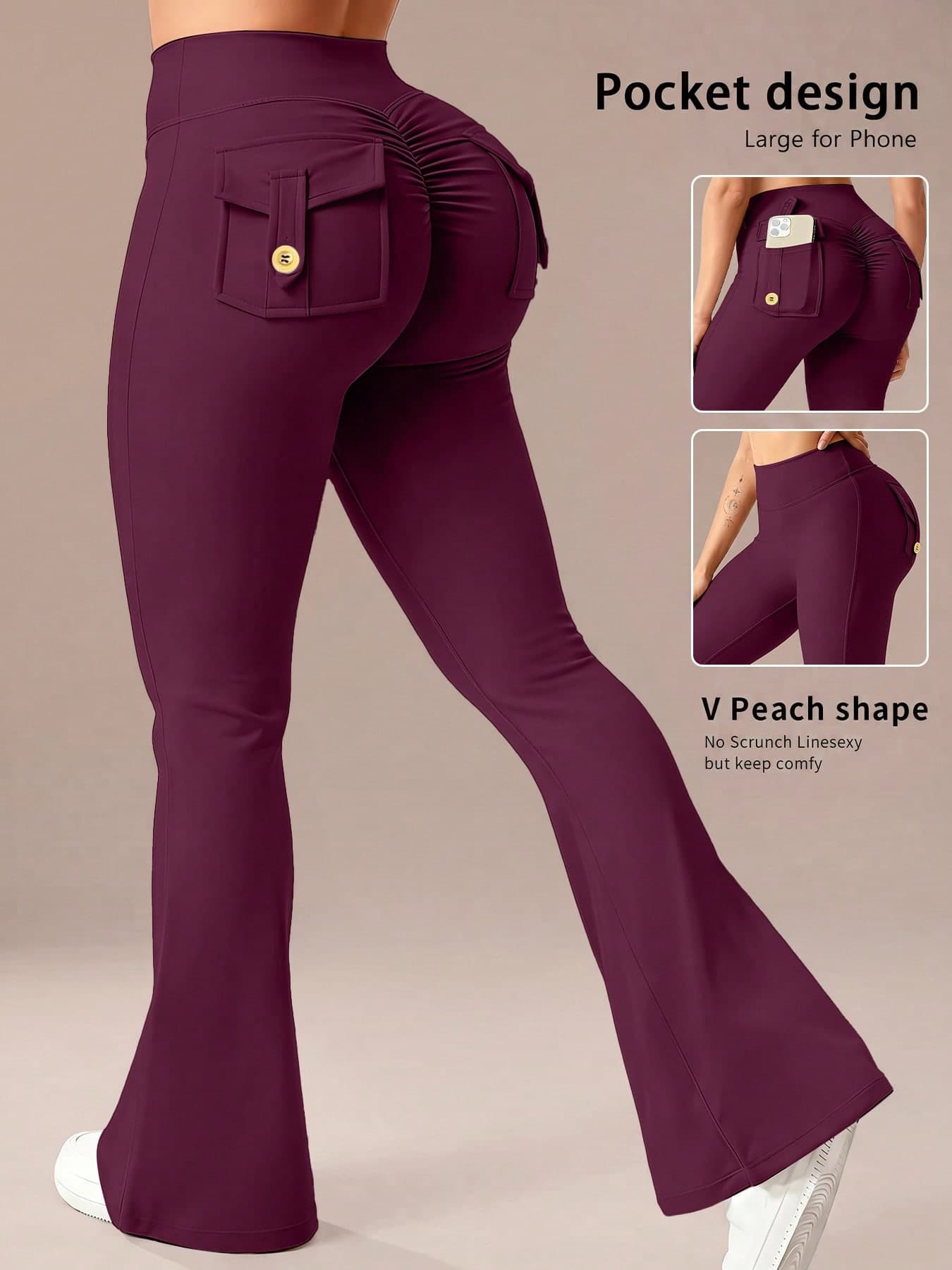 6pecil High Waist Purple Flare Yoga Pants With Pockets, Ruched Butt Lift Flare Pants, V-Shaped Tummy Control Flare Pants Sports