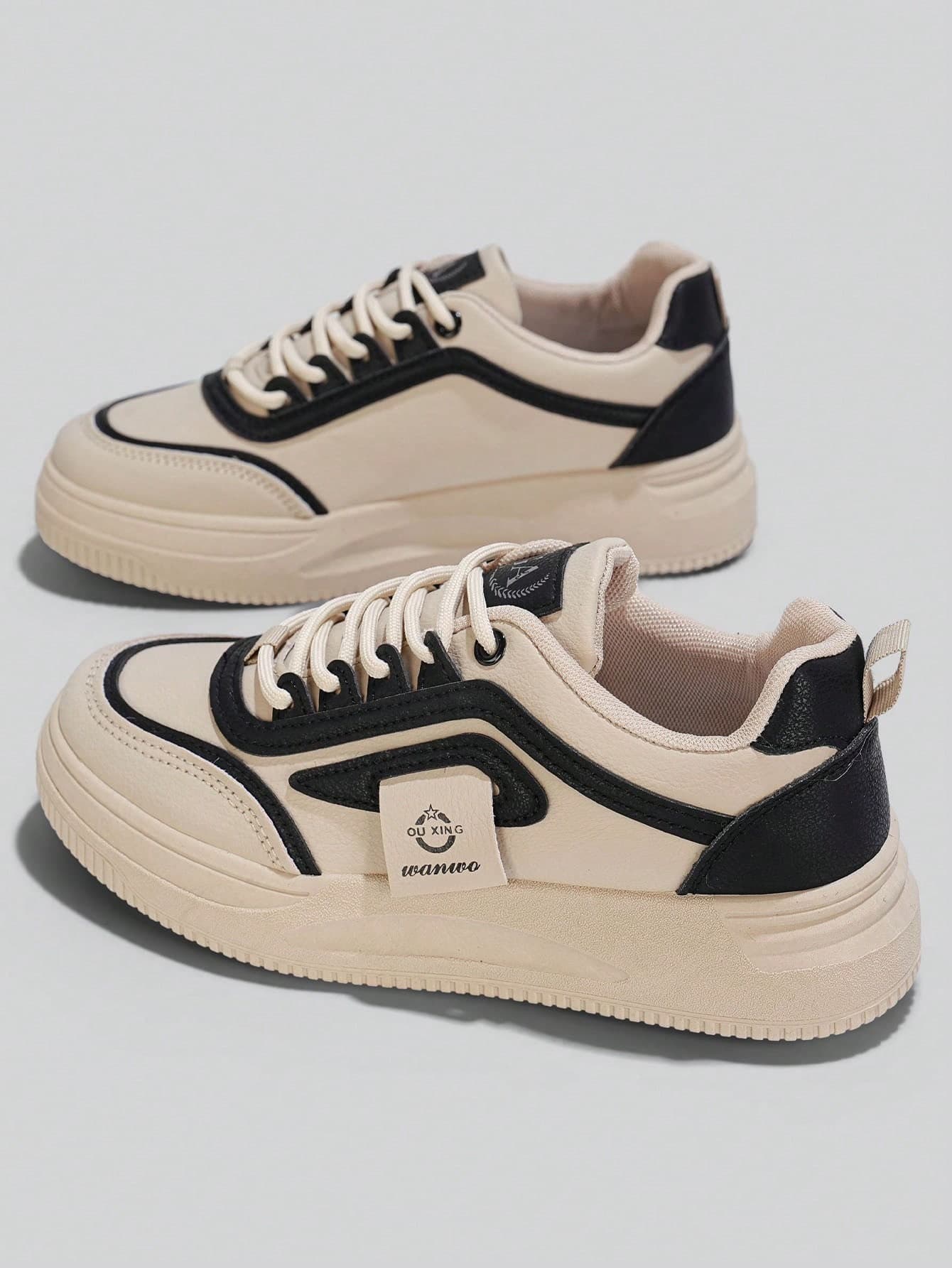 Flipark 1 Pair Women's Platform Sneakers, Beige Colorblock Casual Shoes, Breathable Sports Shoes For Women