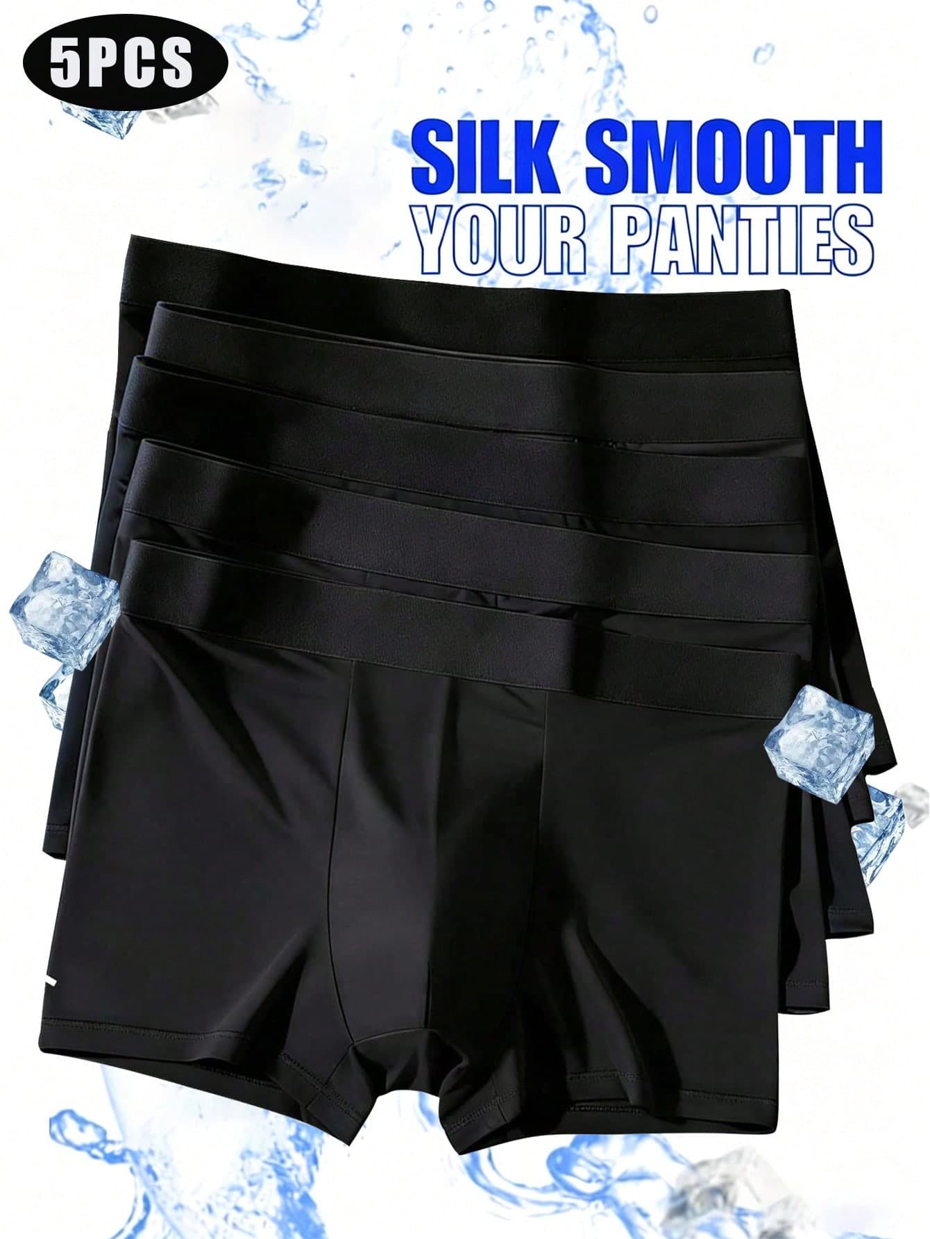 5pcs/Set Men's Silk Blend Boxer Briefs, Solid Color Underwear & Sleepwear Shorts