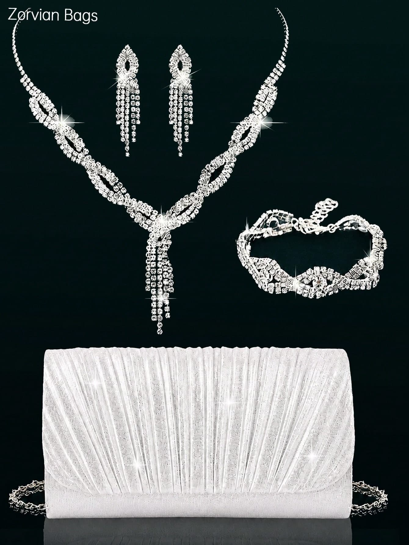 REMANLAND 4pcs Evening Jewelry Set, Elegant Pleated Clutch, Shiny Women's Evening Bag, Ball Bag, Matches Shiny Sequin Evening Dress, Satin Evening Dress, Wedding Dress, Suitable For Evening Party, Ball, Party, Wedding