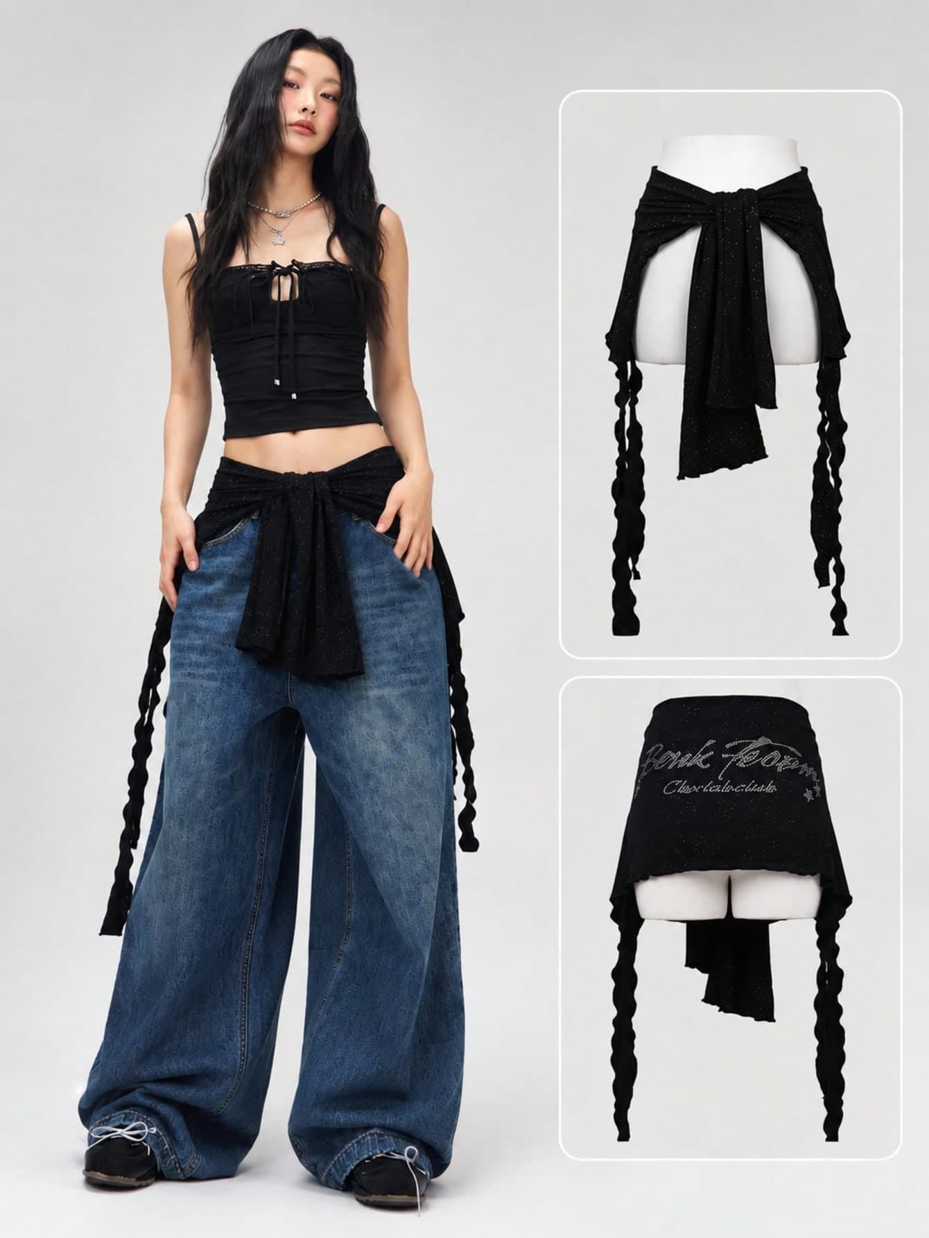 Y2K Streetwear 2-In-1 Sparkly Rhinestone Hip Scarf Top, Black Ruffle Hem Crop Top, Hip Hop Jazz Dance Outfit, Women's Street Style Cover Up