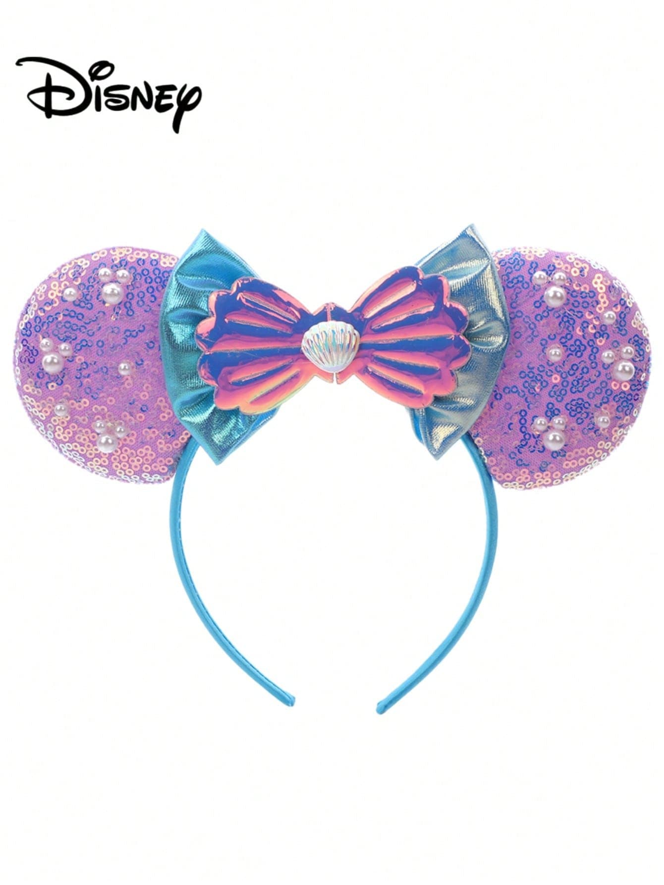 1pc Disney Cartoon Sequin Colorful Pink Shell Theme Amusement Park Series Mickey Minnie Ears Sequin Bow Headband, Stage Performance Costume Hair Accessory, Holiday Party Birthday Theme Mickey Headband, Suitable For Festival Party