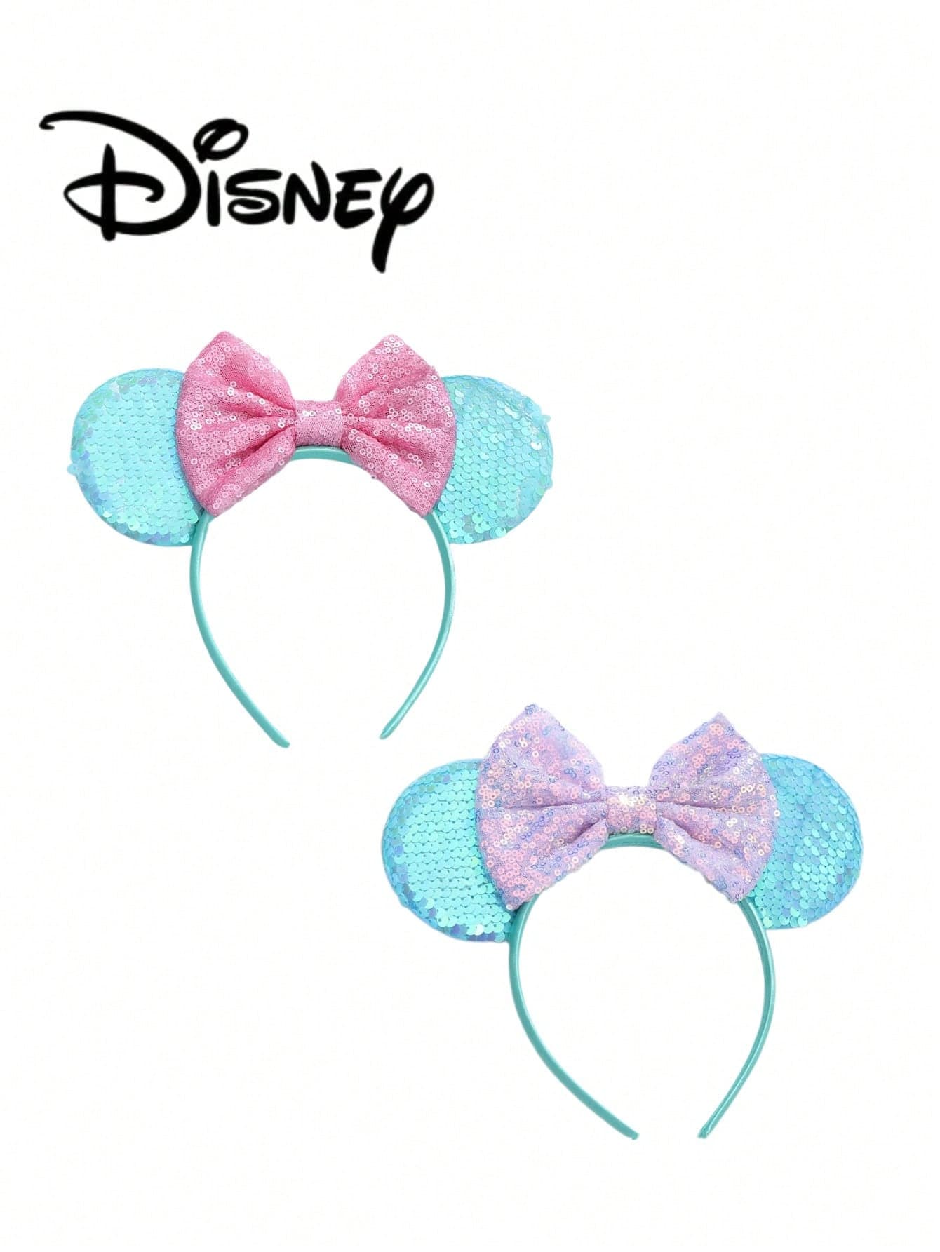 1pc Disney Mickey Pink + Light Blue Sequin Headband, Mickey Purple + Light Blue Sequin Headband - Holiday Party Headband, Hair Accessory, Fun Photo Prop, Amusement Park Accessory, Suitable For Birthday Party And Valentine's Day Event, With Bow Cute Cartoon Hair Accessory, Princess Costume Accessory, Suitable For Disney Fans