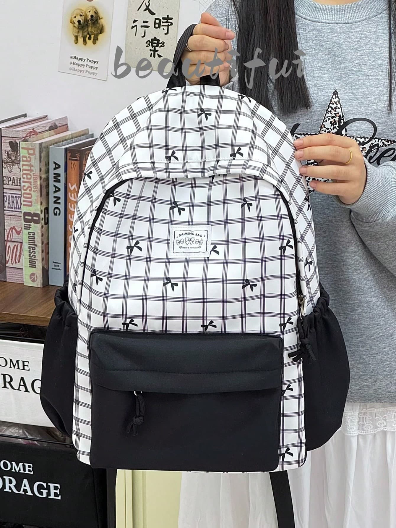 1pc Vintage Checkered Bow Print Rucksack, Contrast Black Front Pocket Design Fashion Backpack For Streetwear Campus Outfit