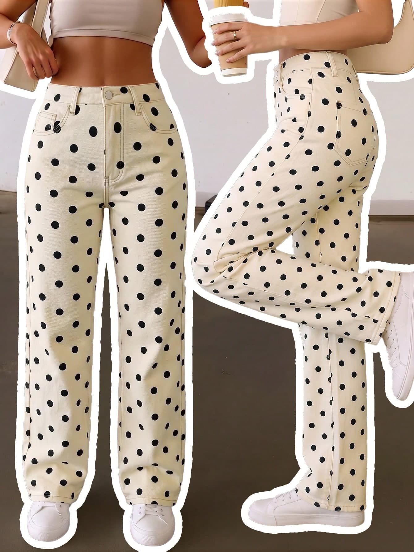 Women's Vintage Polka Dot Straight Leg Jeans, Casual High Waist Long Denim Pants With Zipper And Pockets, Non-Stretch Fashion Trousers