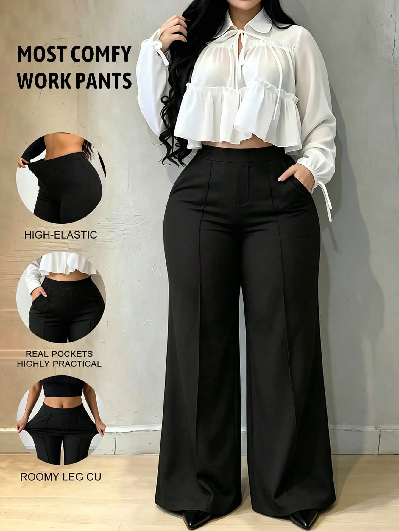 Plus Size Spring/Summer Stretchy Thin Versatile Casual Everyday Commute Solid Color Pocket Office Wear & Leisure Sports Pants, Wide Leg Black